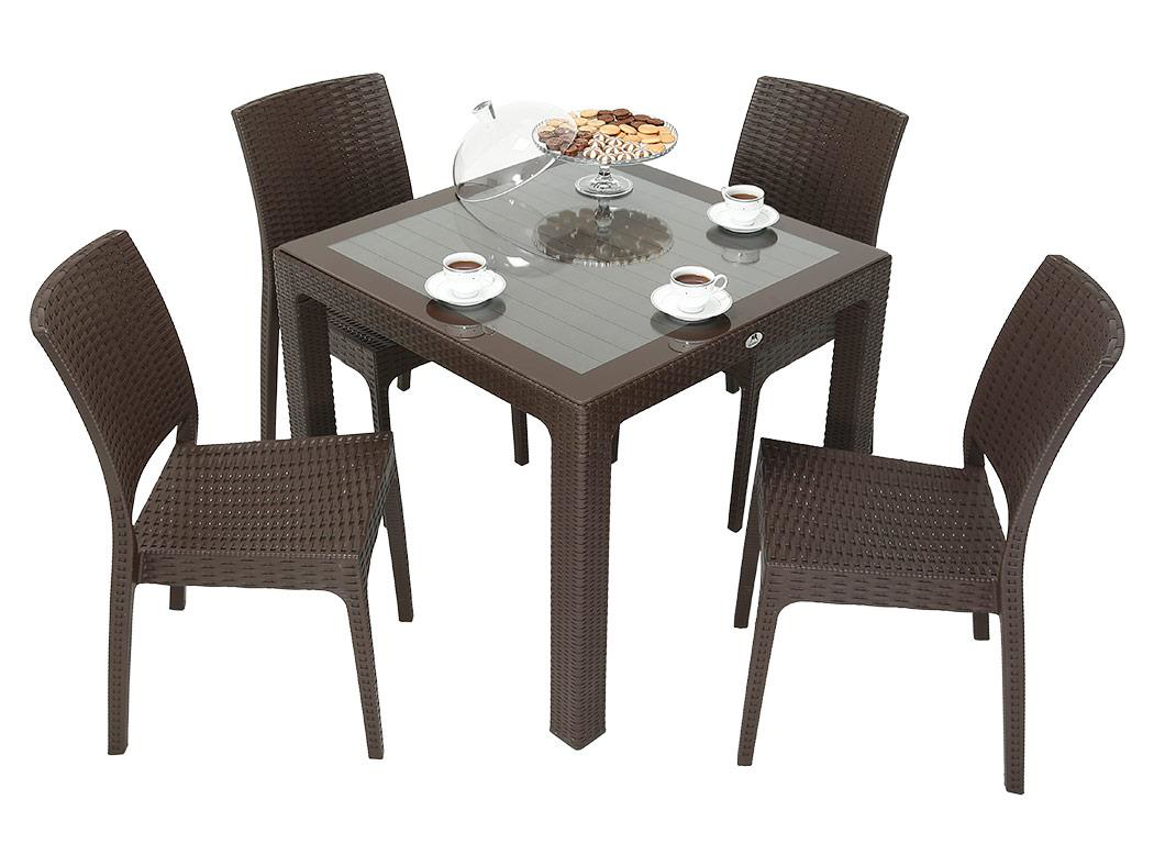 Mandella  Elit Rattan 90X90 Elit Sandalye Camli Masa Takimi Kahver