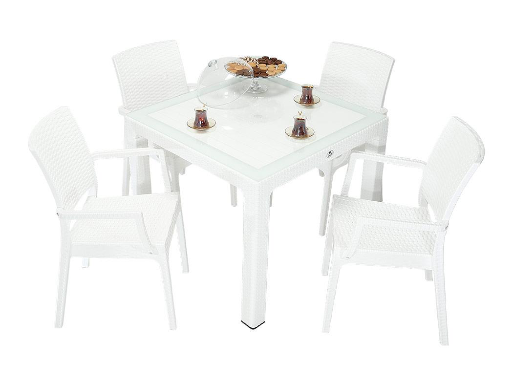 Mandella  Elit Rattan 90X90 Elit Koltuk Camli Masa Takimi Beyaz