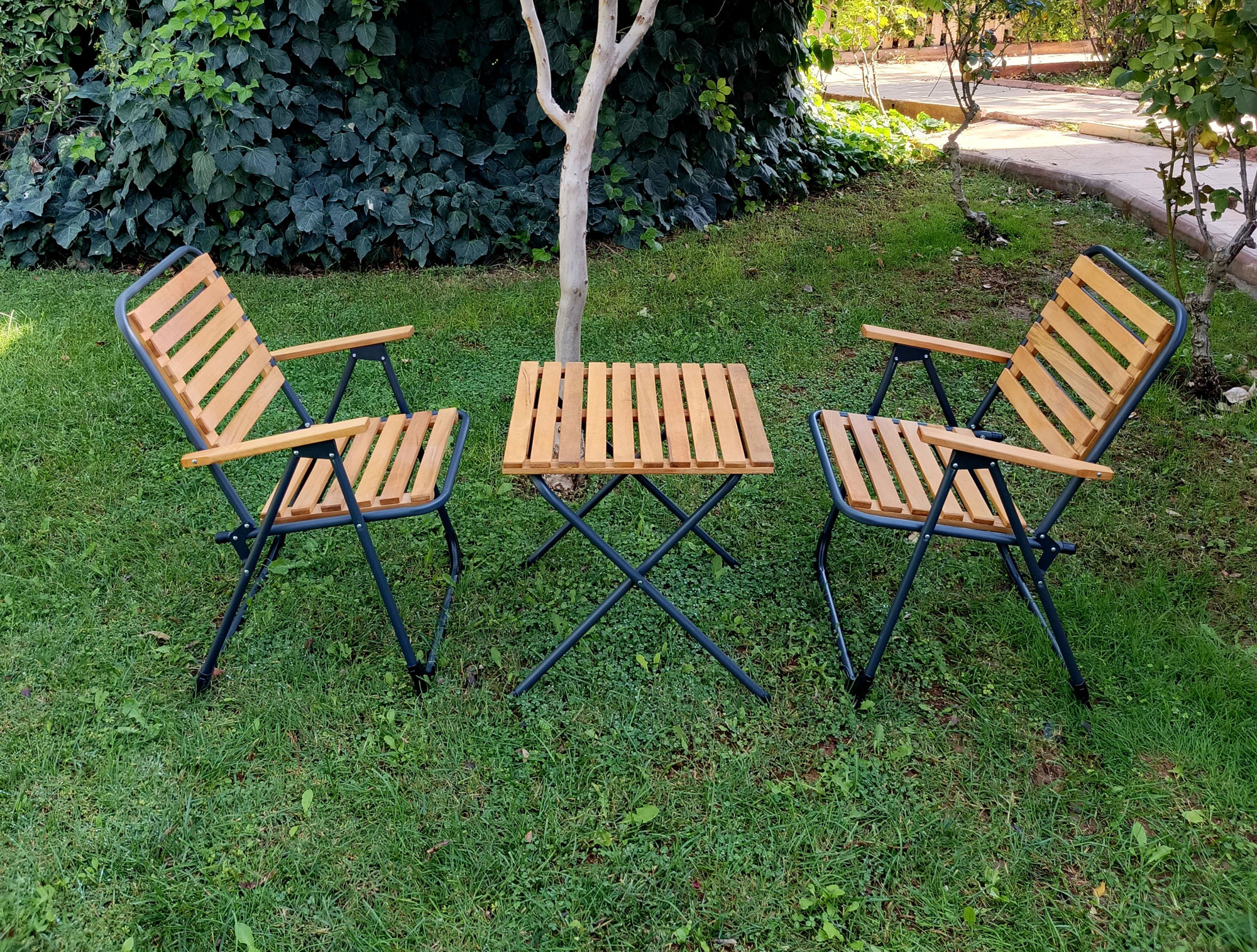 Mandella  Metal İskeletli Ahşap Piknik / Bahçe Bistro Set (2 Sanda
