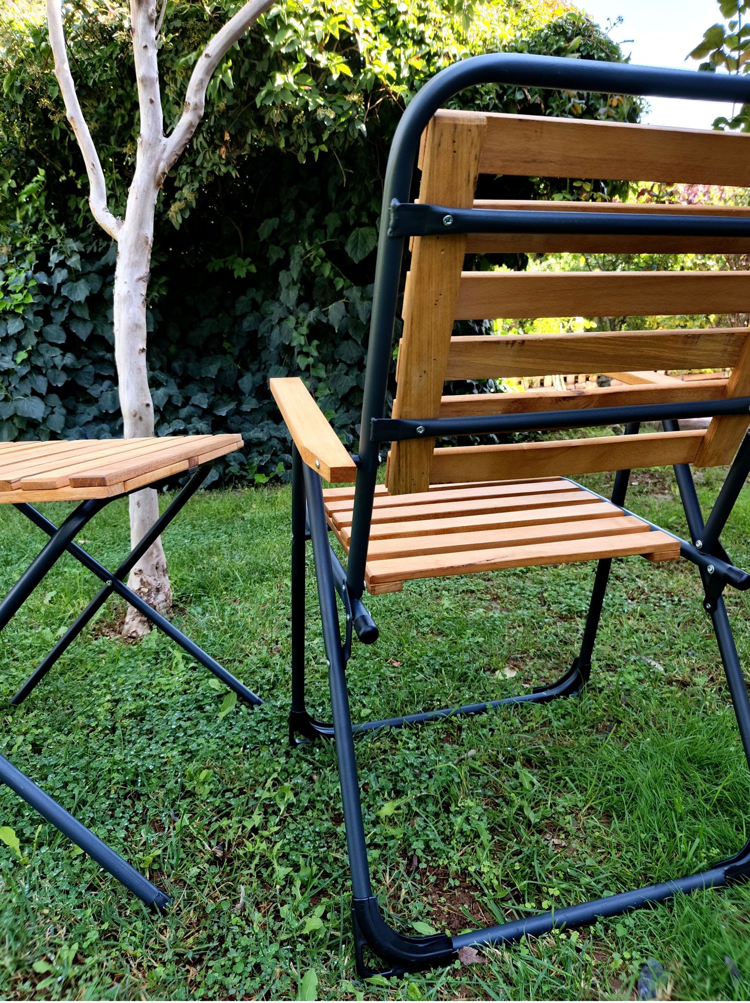 Mandella  Metal İskeletli Ahşap Piknik / Bahçe Bistro Set (2 Sanda