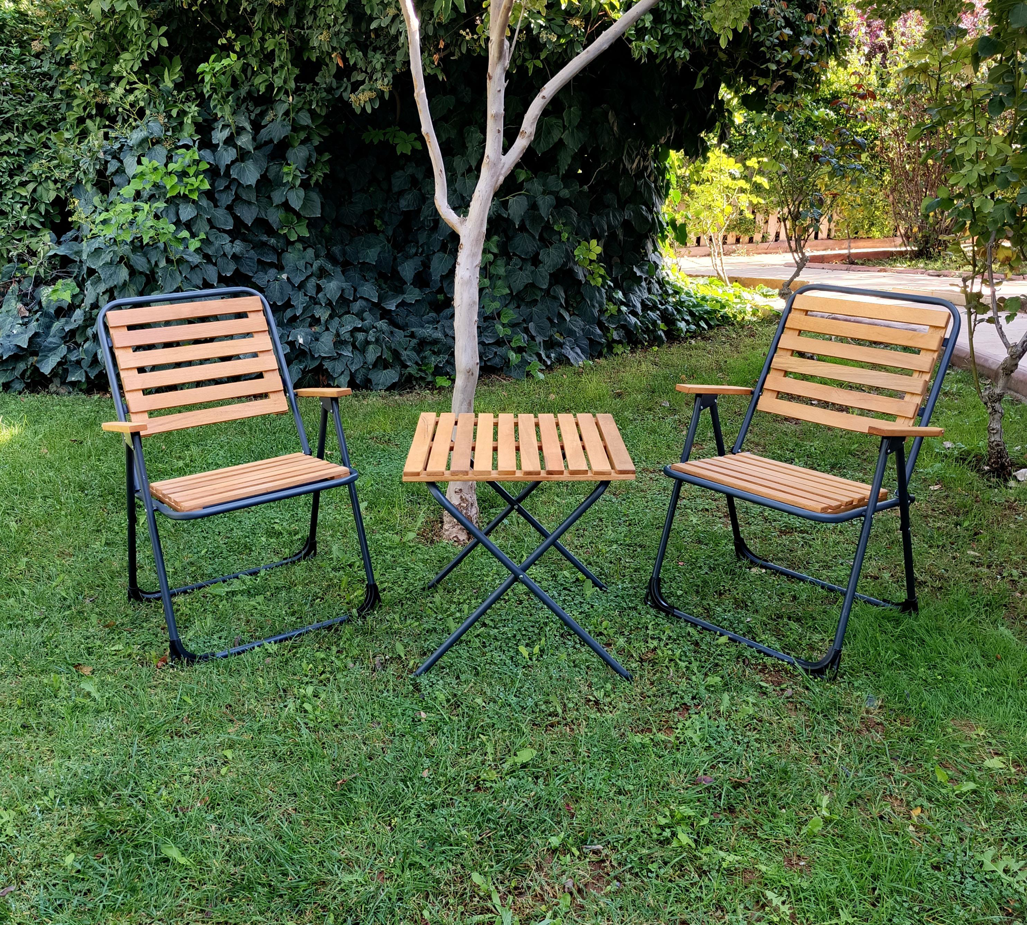 Mandella  Metal İskeletli Ahşap Piknik / Bahçe Bistro Set (2 Sanda