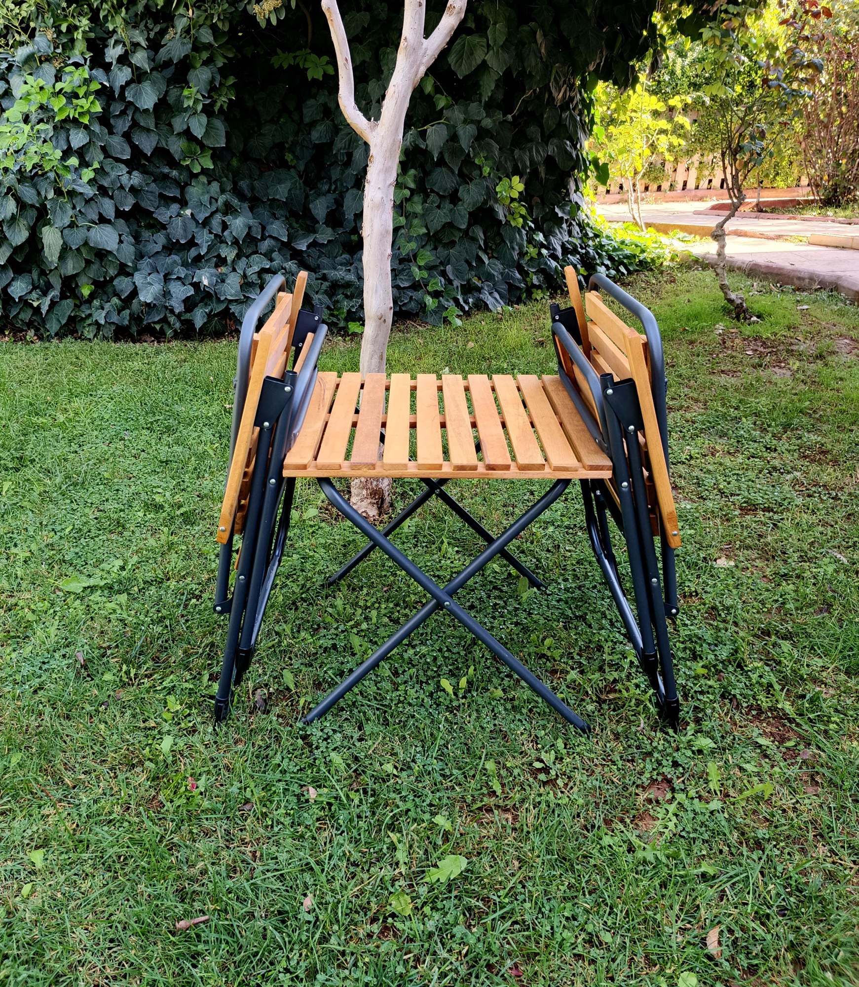 Mandella  Metal İskeletli Ahşap Piknik / Bahçe Bistro Set (2 Sanda