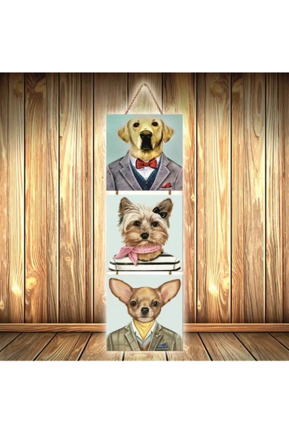 Manken Köpekler Tasarımlı Üçlü Retro Ahşap Poster Ü481