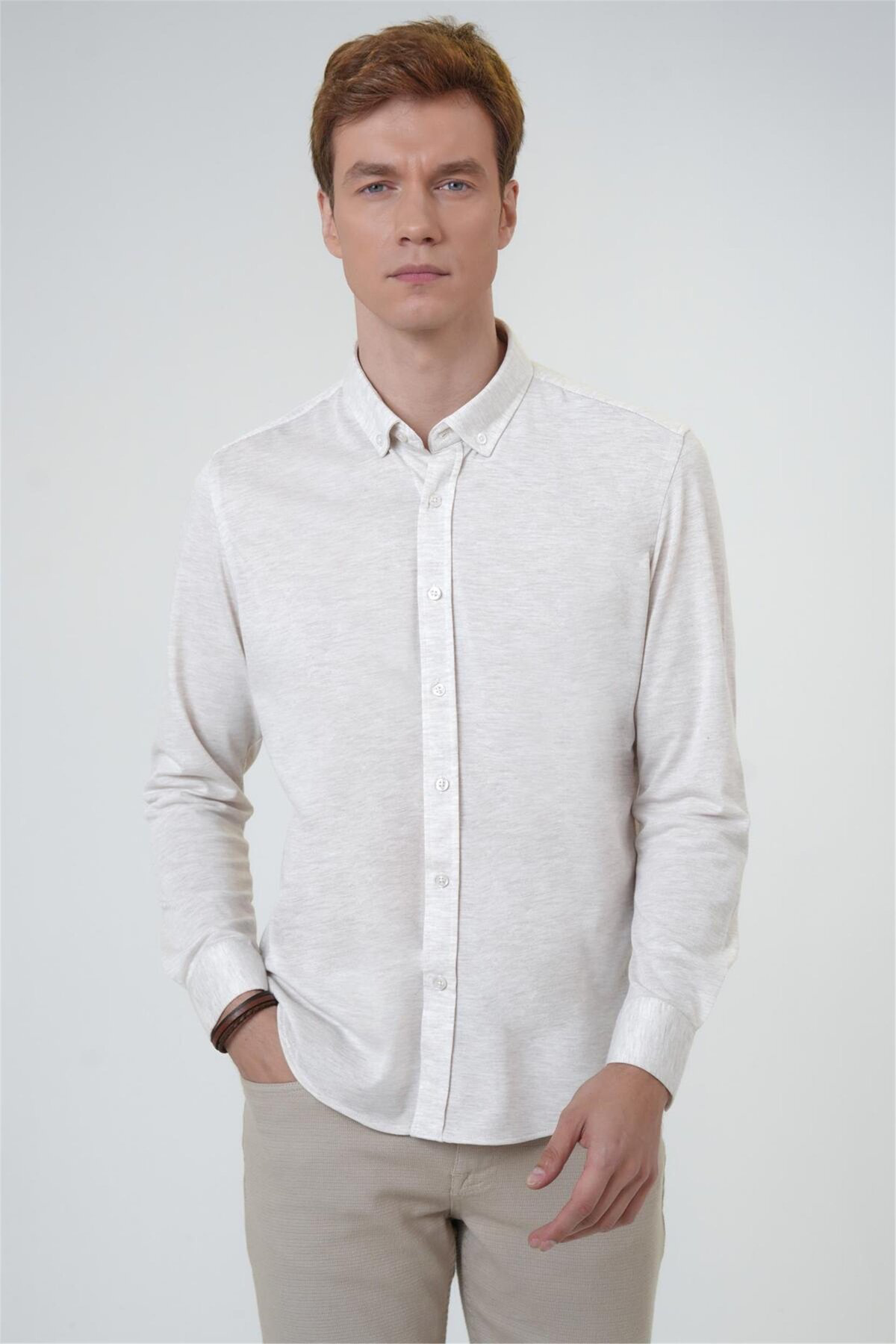 Süvari Manşetli Slim Armürlü Gömlek