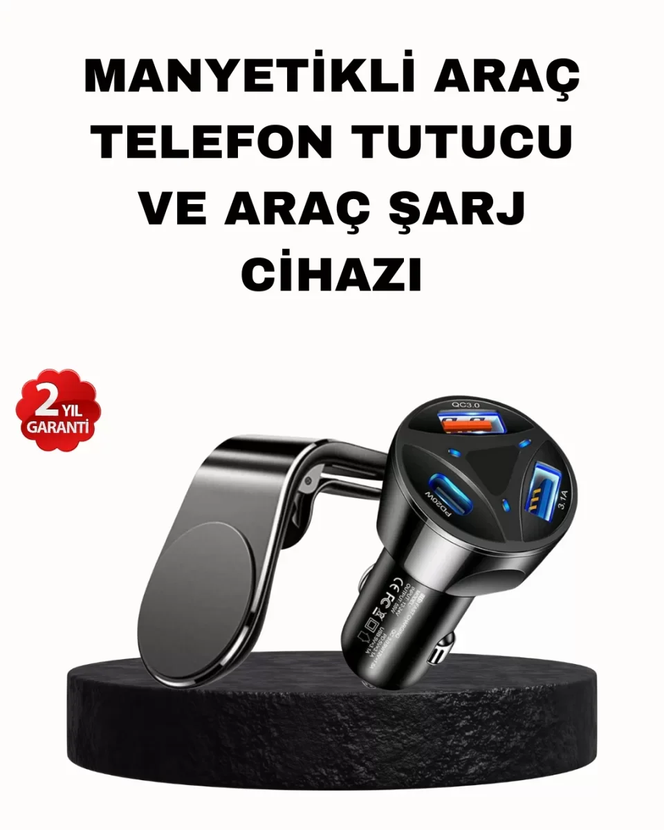 Manyetik Araç Telefon Tutucu ve Hızlı Şarj Adaptörü 2’li Set - Li
