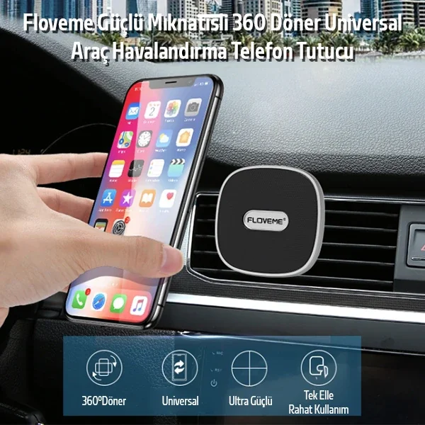 Manyetik Araç Telefon Tutucu - 360° Döner Güçlü Mıknatıslı Havalandırma Tipi Universal