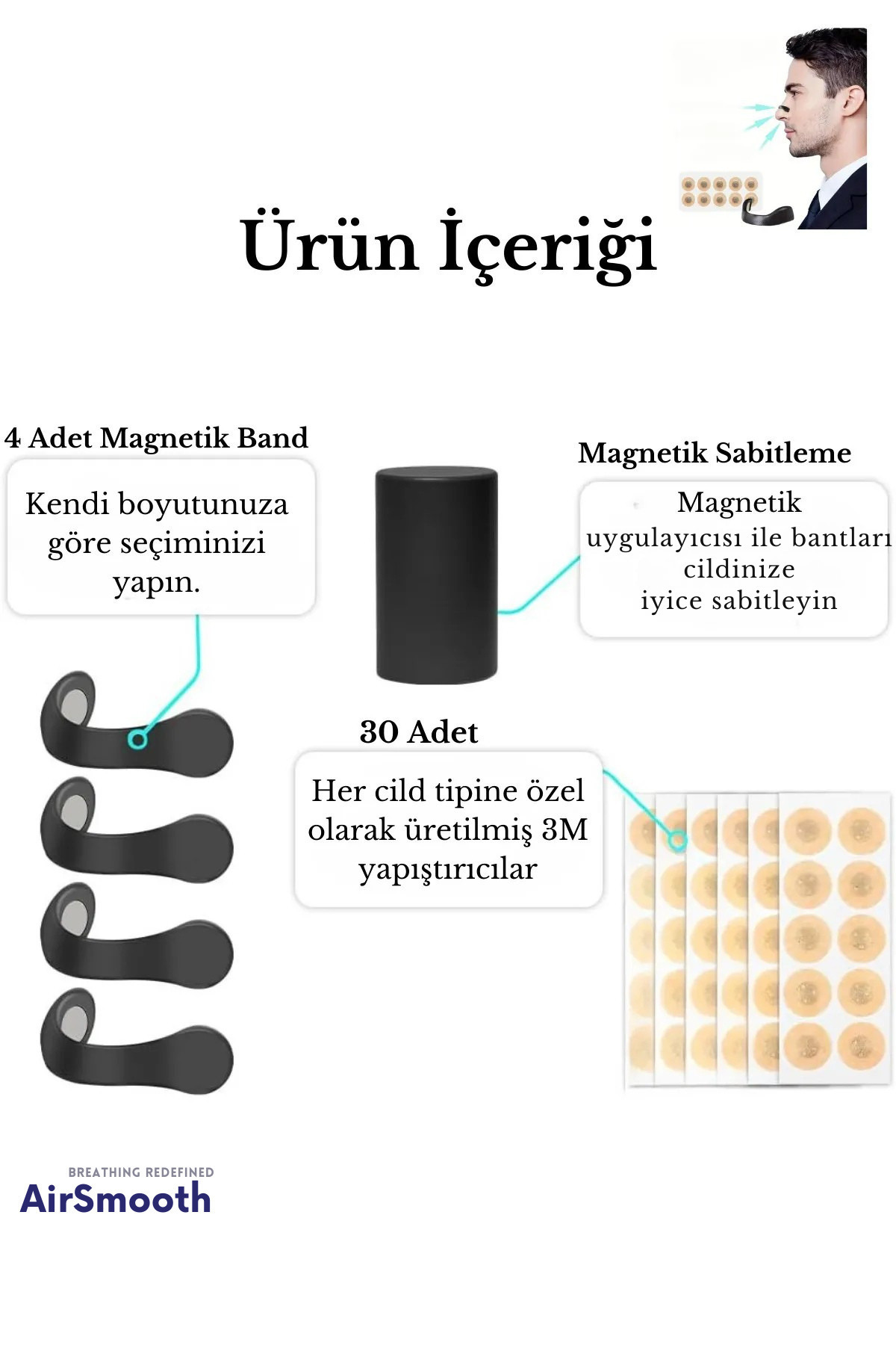 Manyetik En Iyi Mıknatıslı Burun Bandı - Horlama Önleyici - 4 Far
