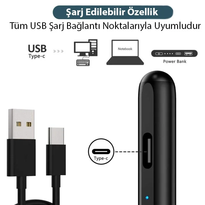 Manyetik Kalem – iPad 2018-2025 Uyumlu, Type-C, 8-10 Saat Pil, Avuç İzi Engelleyici, Hassas Çizim & Not Alma