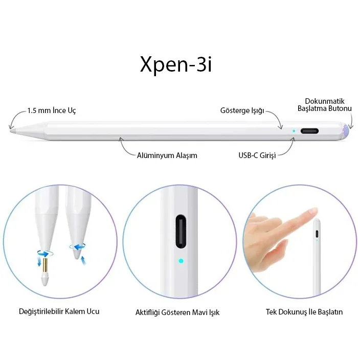 Manyetik Kalem – iPad 2018-2025 Uyumlu, Type-C, 8-10 Saat Pil, Avuç İzi Engelleyici, Hassas Çizim & Not Alma