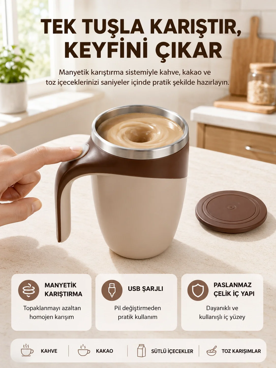 Manyetik Karıştırıcı Kupa USB Şarjlı Otomatik Karıştırma Çift Katmanlı Fiyatı, Yorumları ve Özellikleri