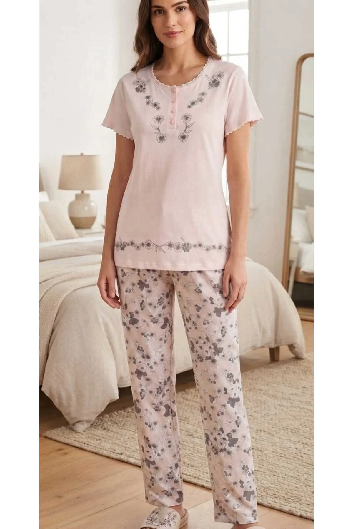 Marilyn Kısa Kol Kadın Pijama Takımı Pudra