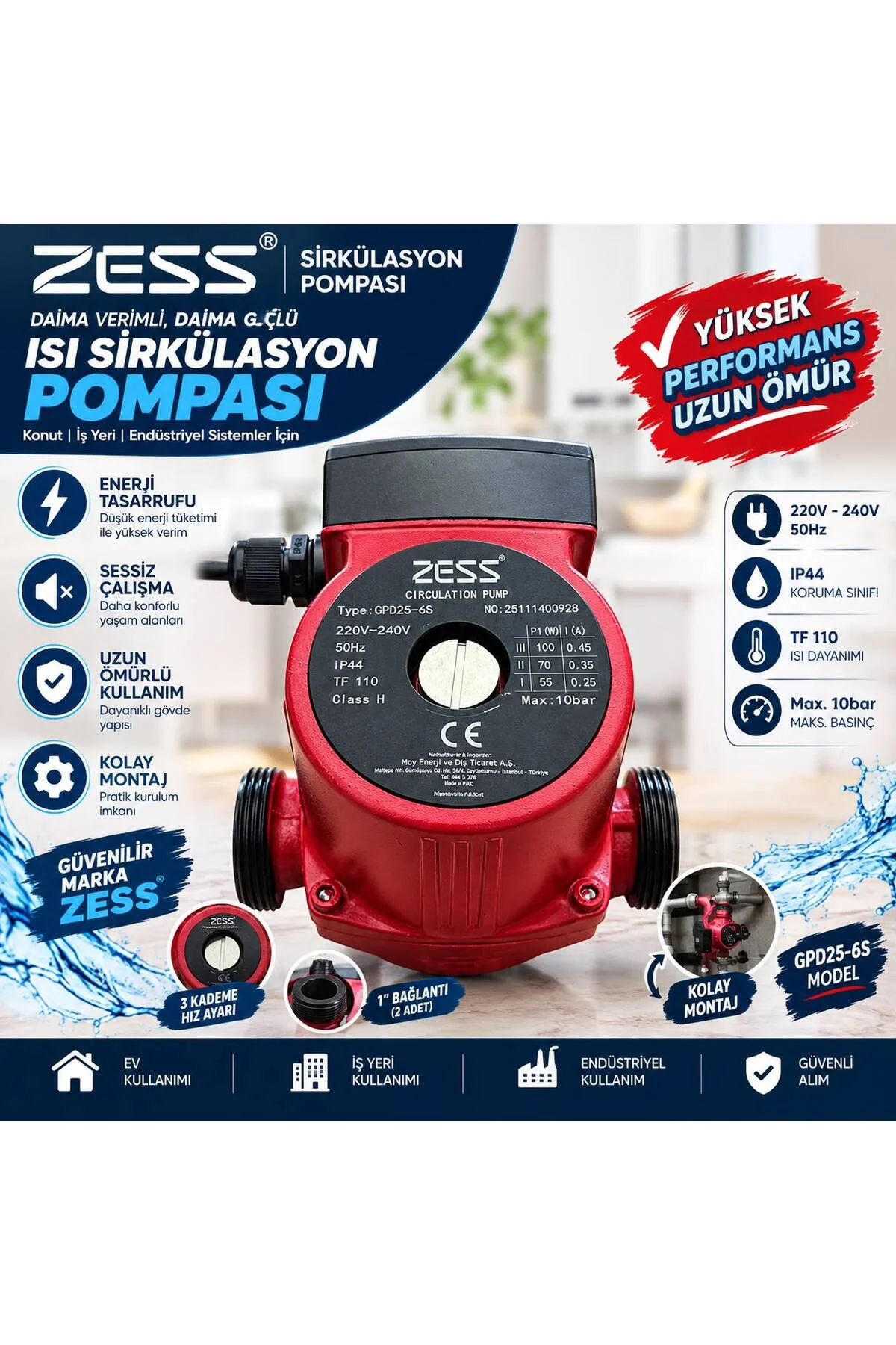 Marka Sirkülasyon Pompası 3 Kademeli Kombi ve Isıtma Sistemleri GPD 25_6 S 230 V 50HZ - Görsel 3