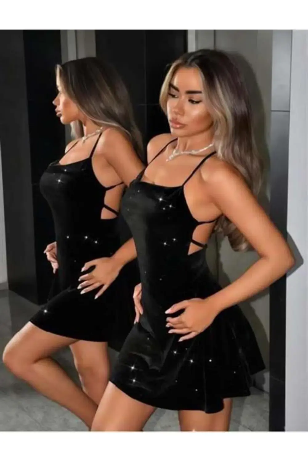 Markano Siyah Sırt Dekolteli Simli Fantezi Mini Club Elbisesi