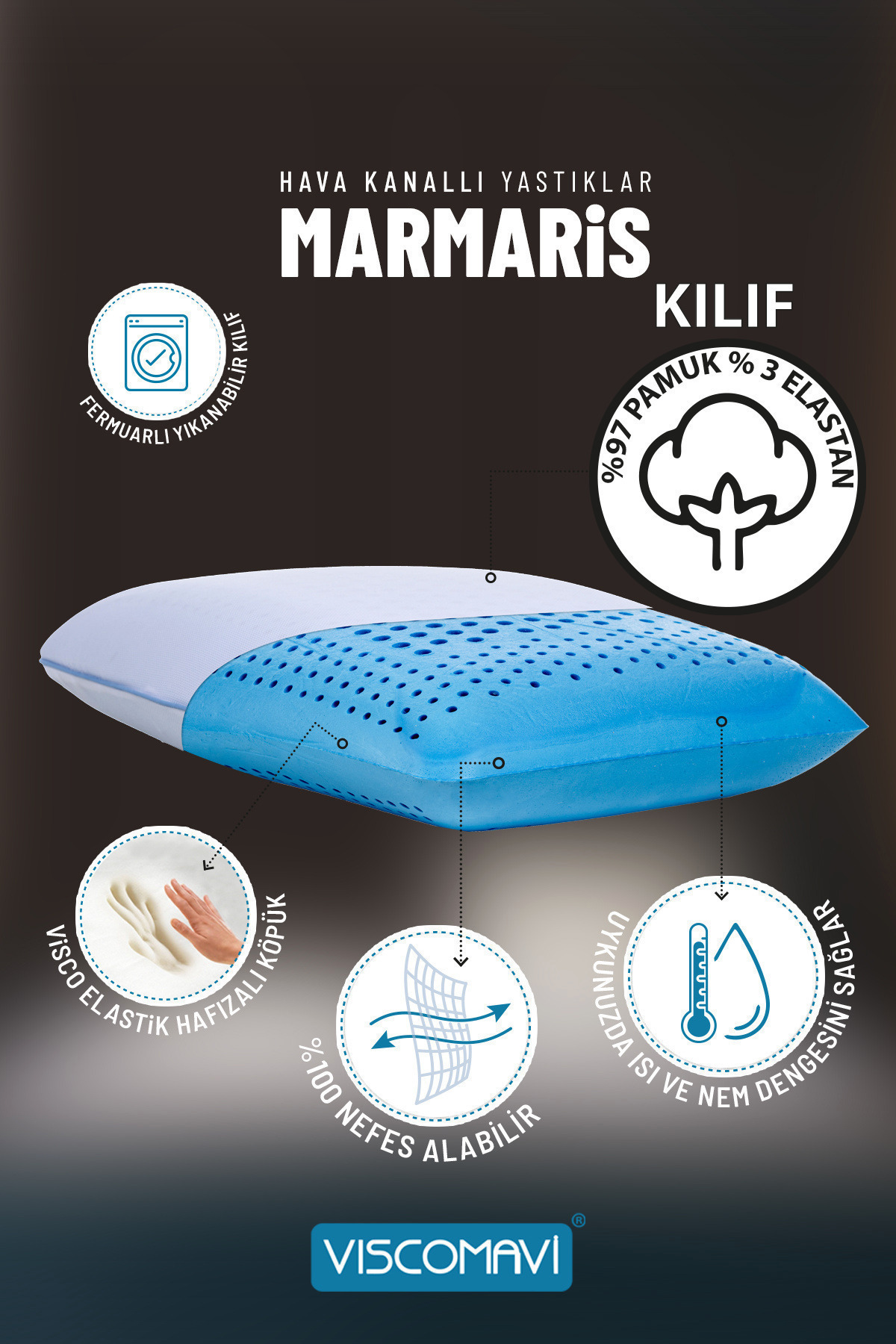 Marmaris Ortopedik Visco Yastık – Pamuk Kılıflı | Hava Kanallı |