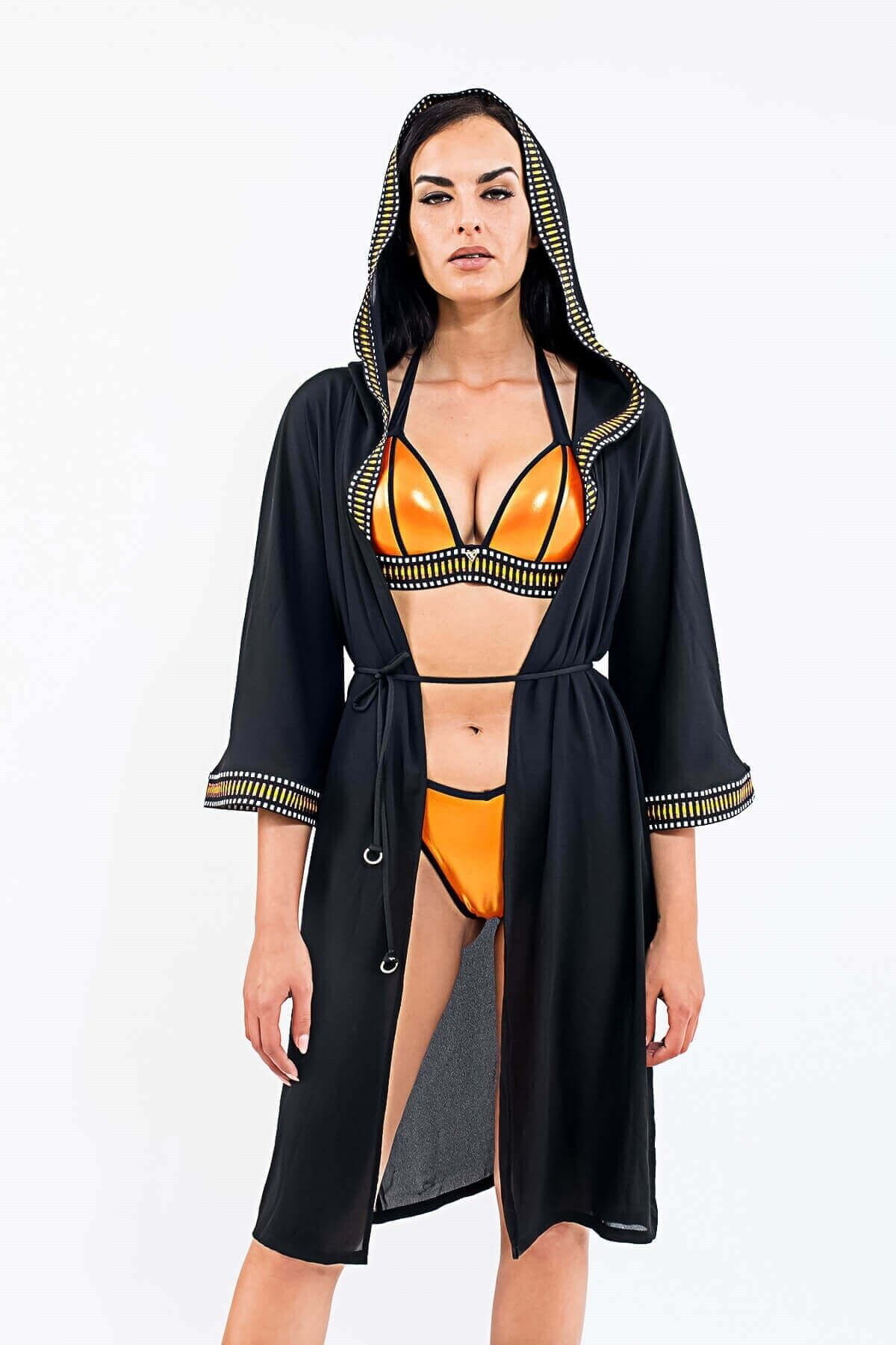 Med Maroco Kapüşonlu Pareo Kimono Plaj Elbisesi Siyah