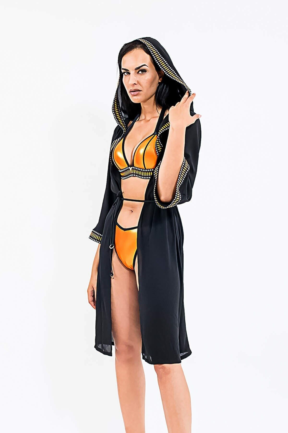 Med Maroco Kapüşonlu Pareo Kimono Plaj Elbisesi Siyah