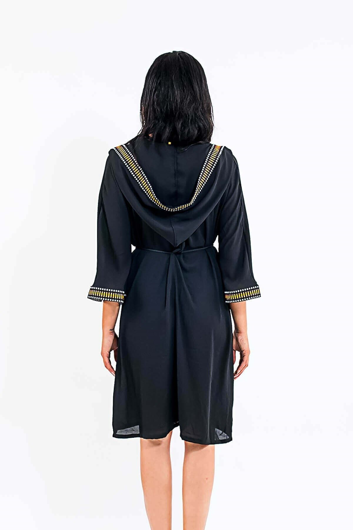 Med Maroco Kapüşonlu Pareo Kimono Plaj Elbisesi Siyah