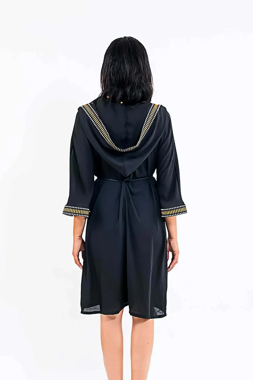 Maroco Kapüşonlu Pareo Kimono Plaj Elbisesi Siyah