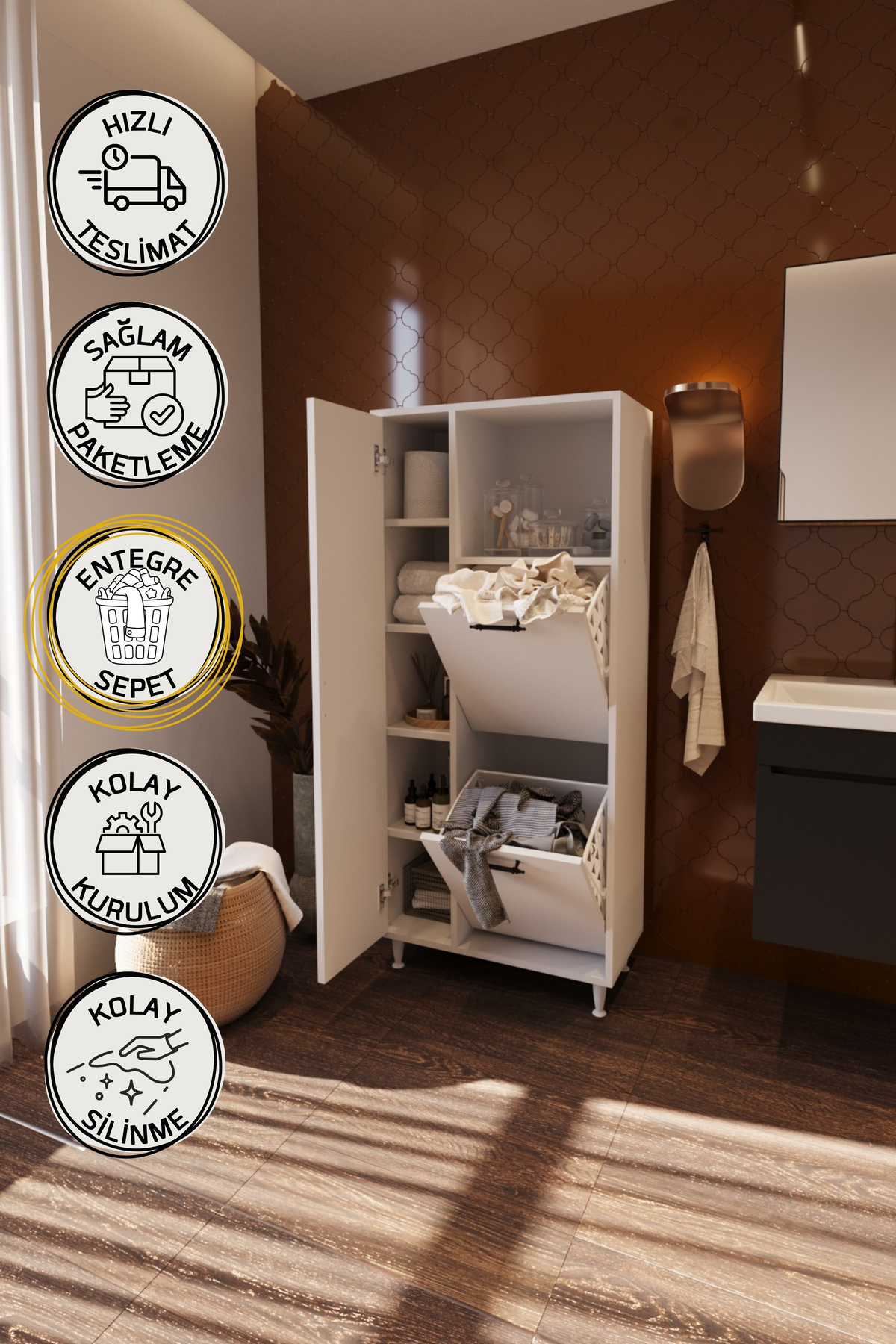 Mars İki Sepetli Renkli Beyaz Çamaşır Sepetli Çok Amaçlı Banyo Do