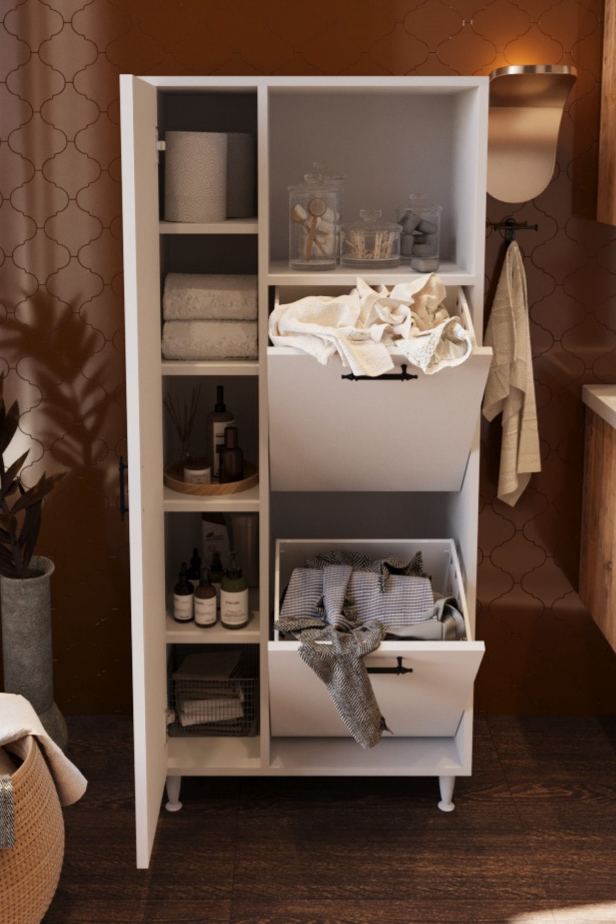 Mars İki Sepetli Renkli Beyaz Çamaşır Sepetli Çok Amaçlı Banyo Do