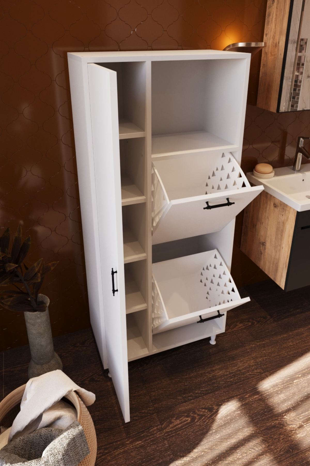 Mars İki Sepetli Renkli Beyaz Çamaşır Sepetli Çok Amaçlı Banyo Do