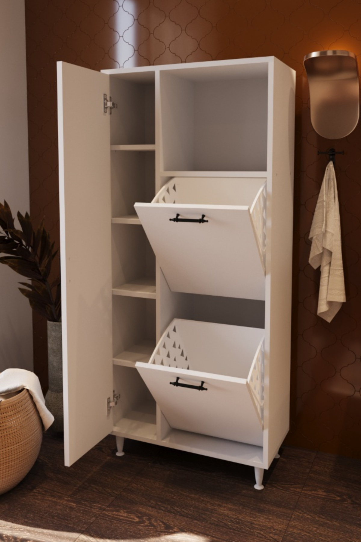 Mars İki Sepetli Renkli Beyaz Çamaşır Sepetli Çok Amaçlı Banyo Do