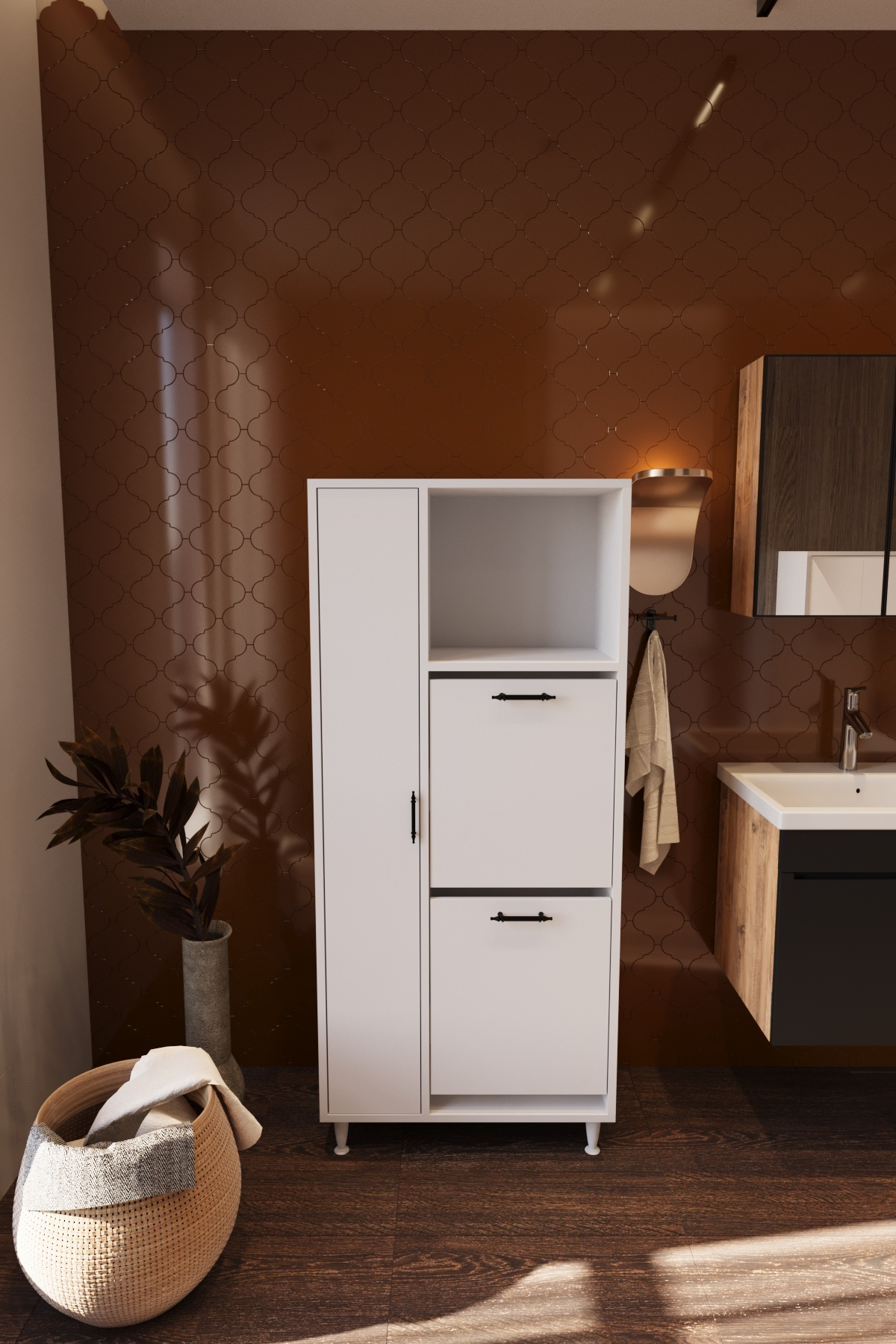 Mars İki Sepetli Renkli Beyaz Çamaşır Sepetli Çok Amaçlı Banyo Do