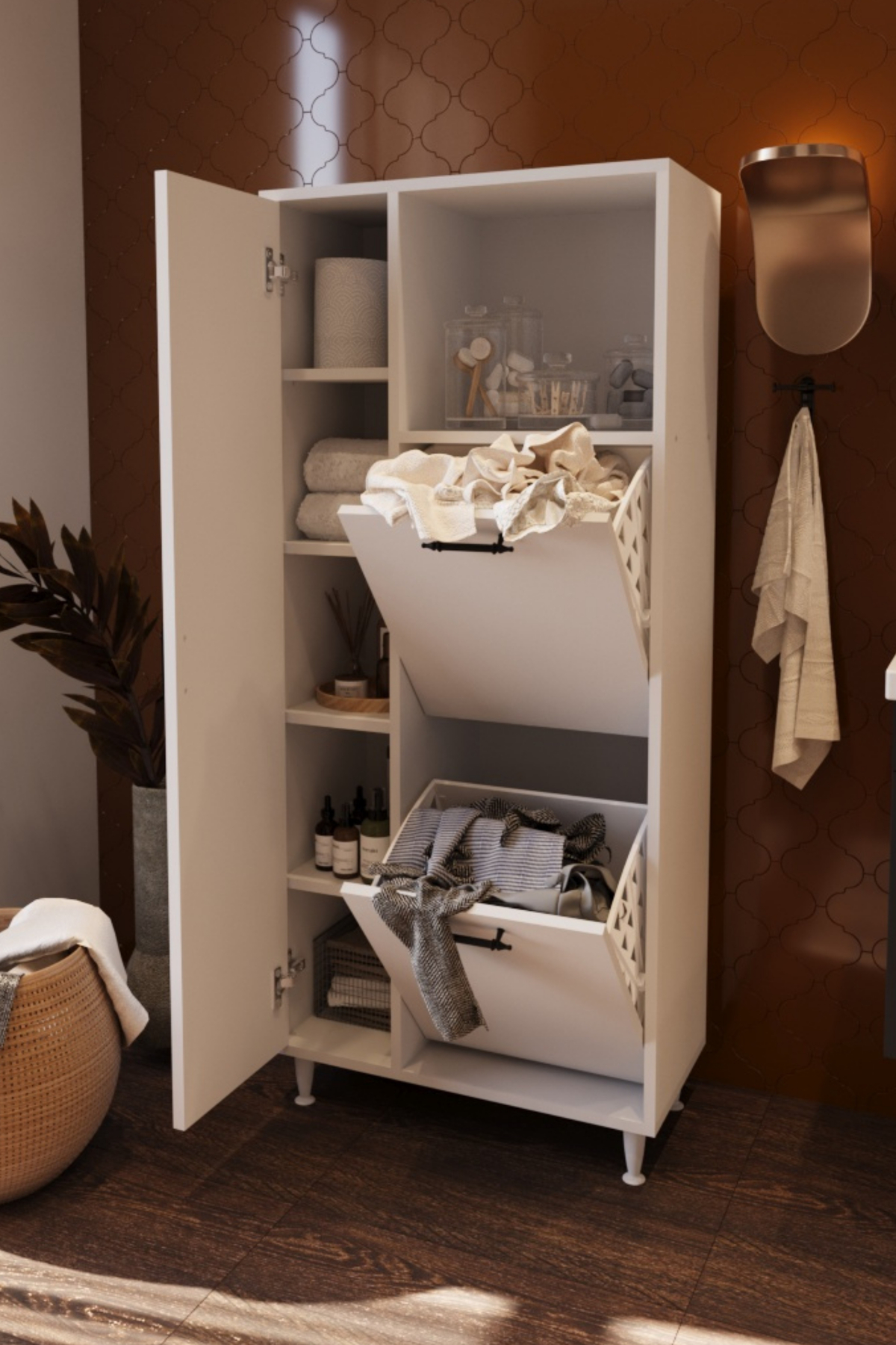 Mars İki Sepetli Renkli Beyaz Çamaşır Sepetli Çok Amaçlı Banyo Do