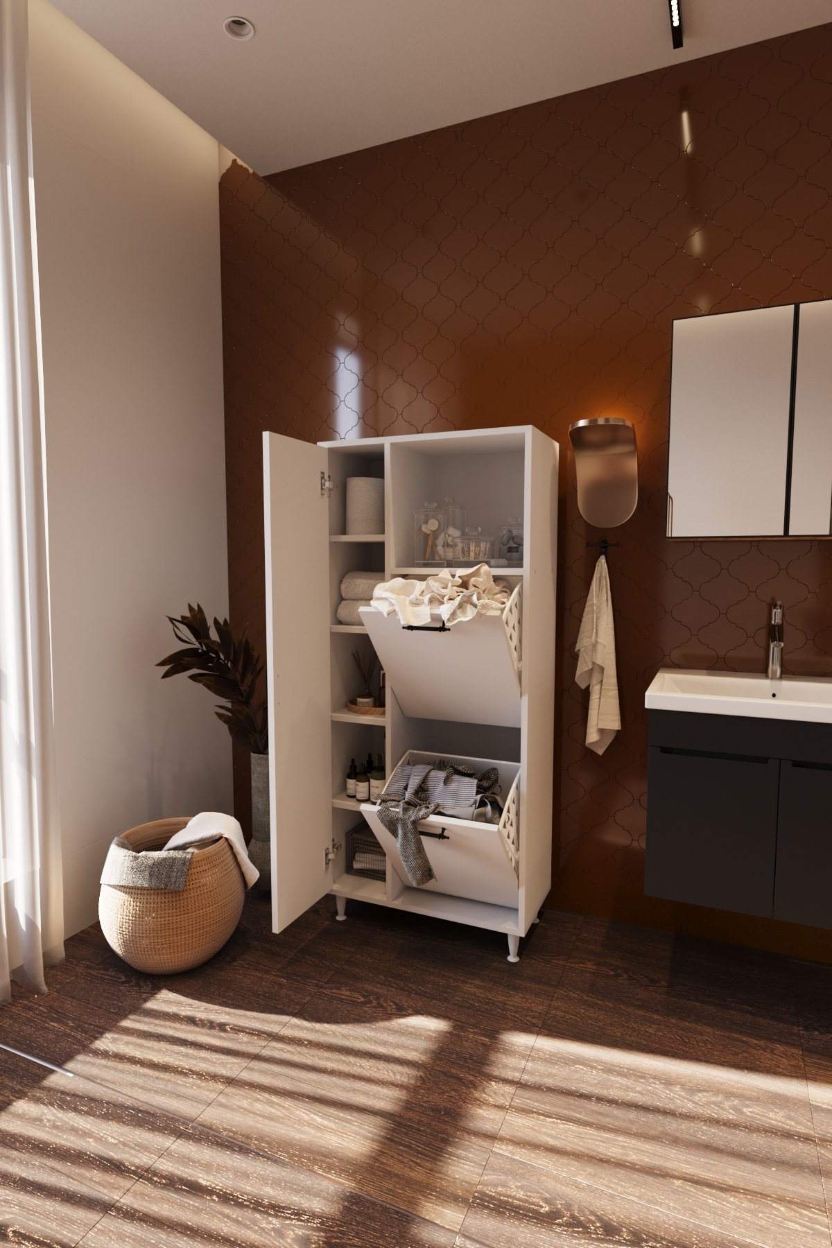 Mars İki Sepetli Renkli Beyaz Çamaşır Sepetli Çok Amaçlı Banyo Do