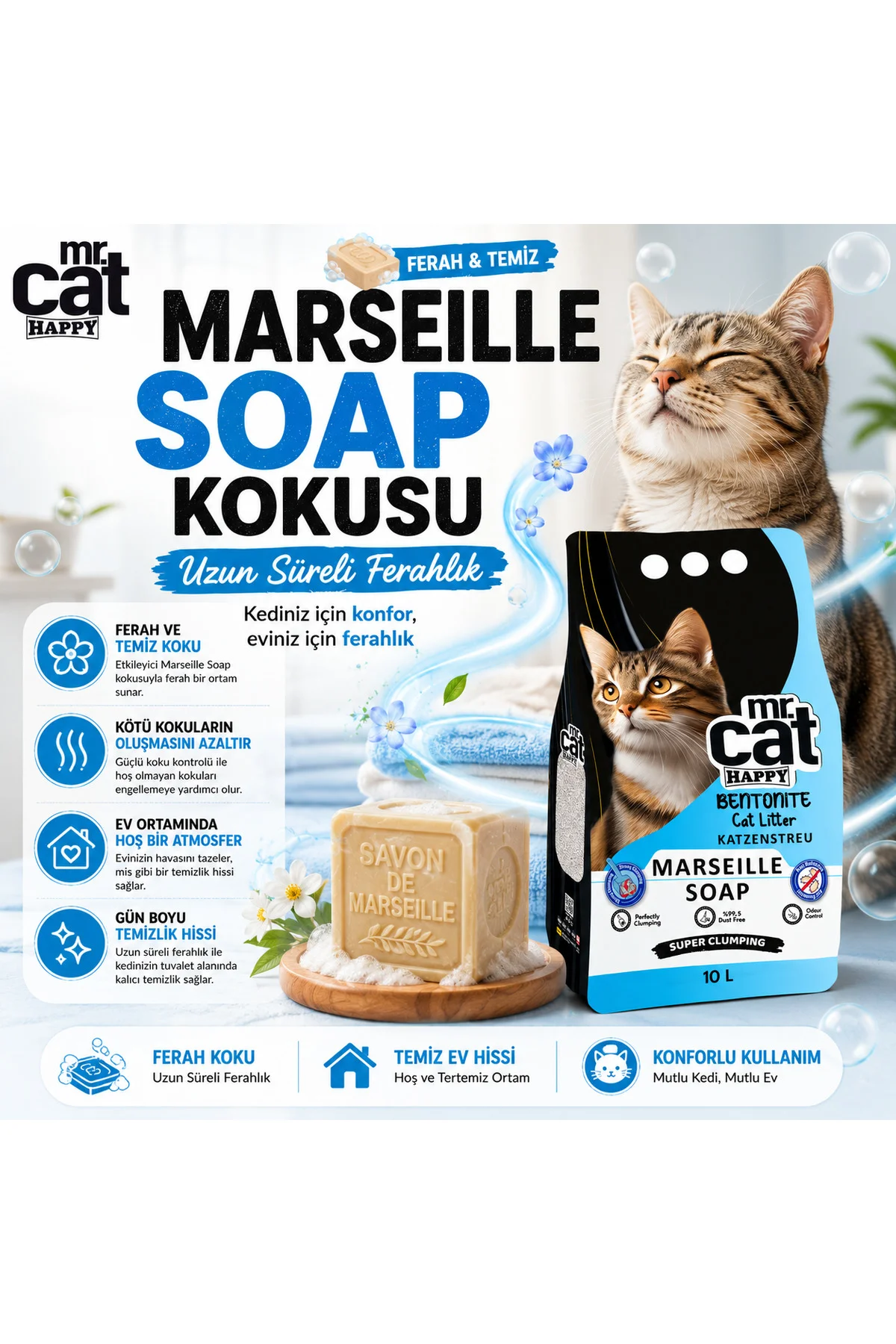 Marseille Soap Kokulu Bentonit Kedi Kumu 10 LT x 2 Adet Toplam 20 LT Güçlü Topaklanan %99,5 Tozsuz