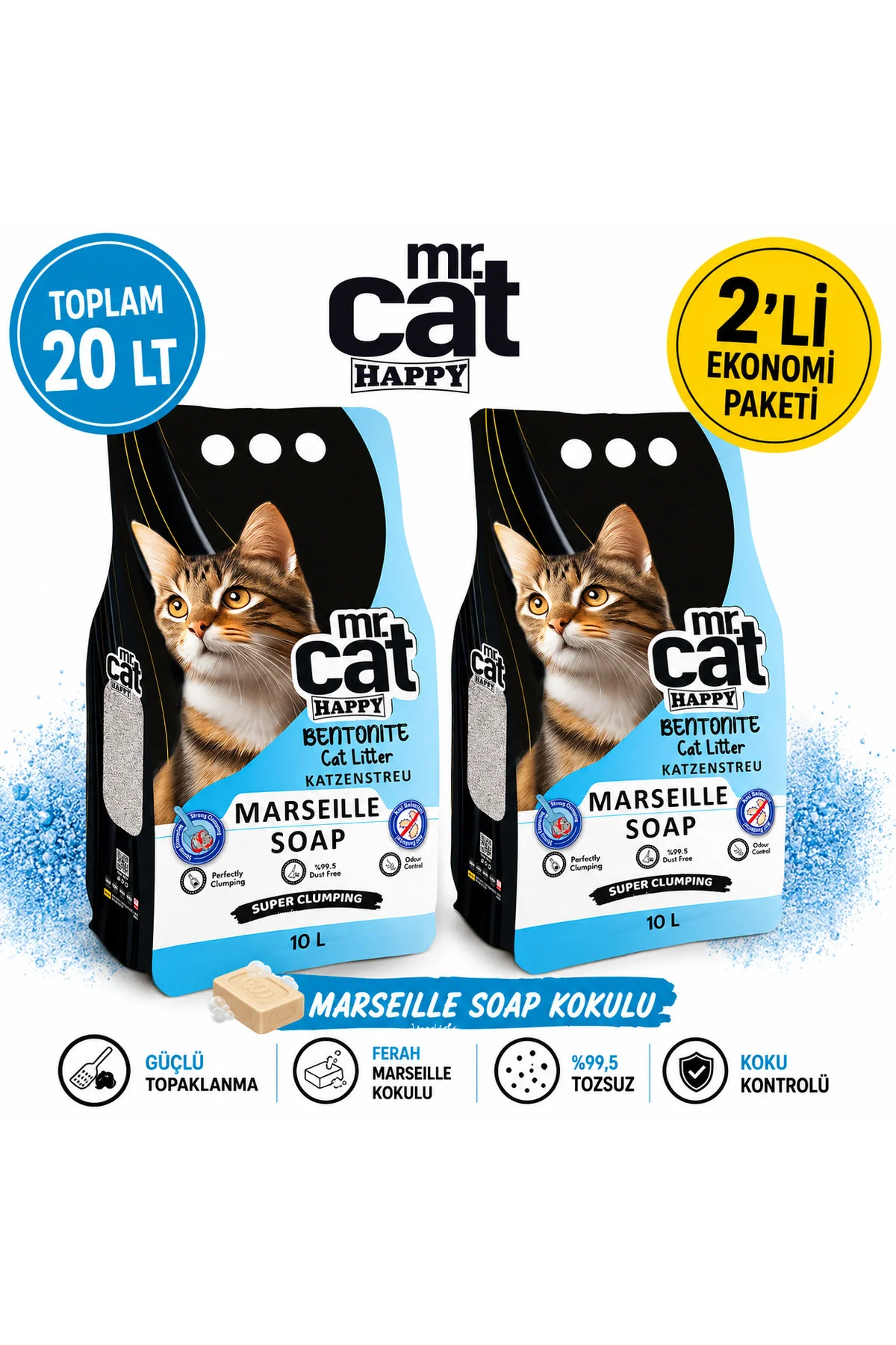 Marseille Soap Kokulu Bentonit Kedi Kumu 10 LT x 2 Adet Toplam 20 LT Güçlü Topaklanan %99,5 Tozsuz