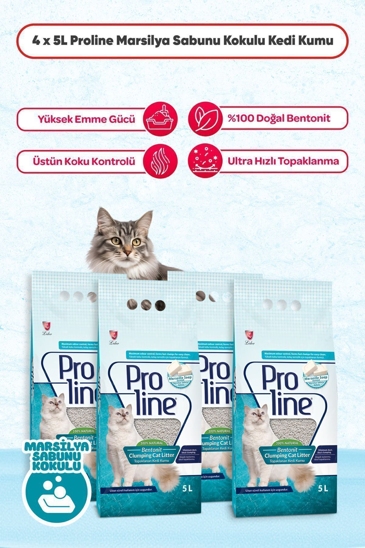 Marsilya Sabunu Kokulu Bentonit Topaklaşan Kedi Kumu 5 lt x 4 Ade