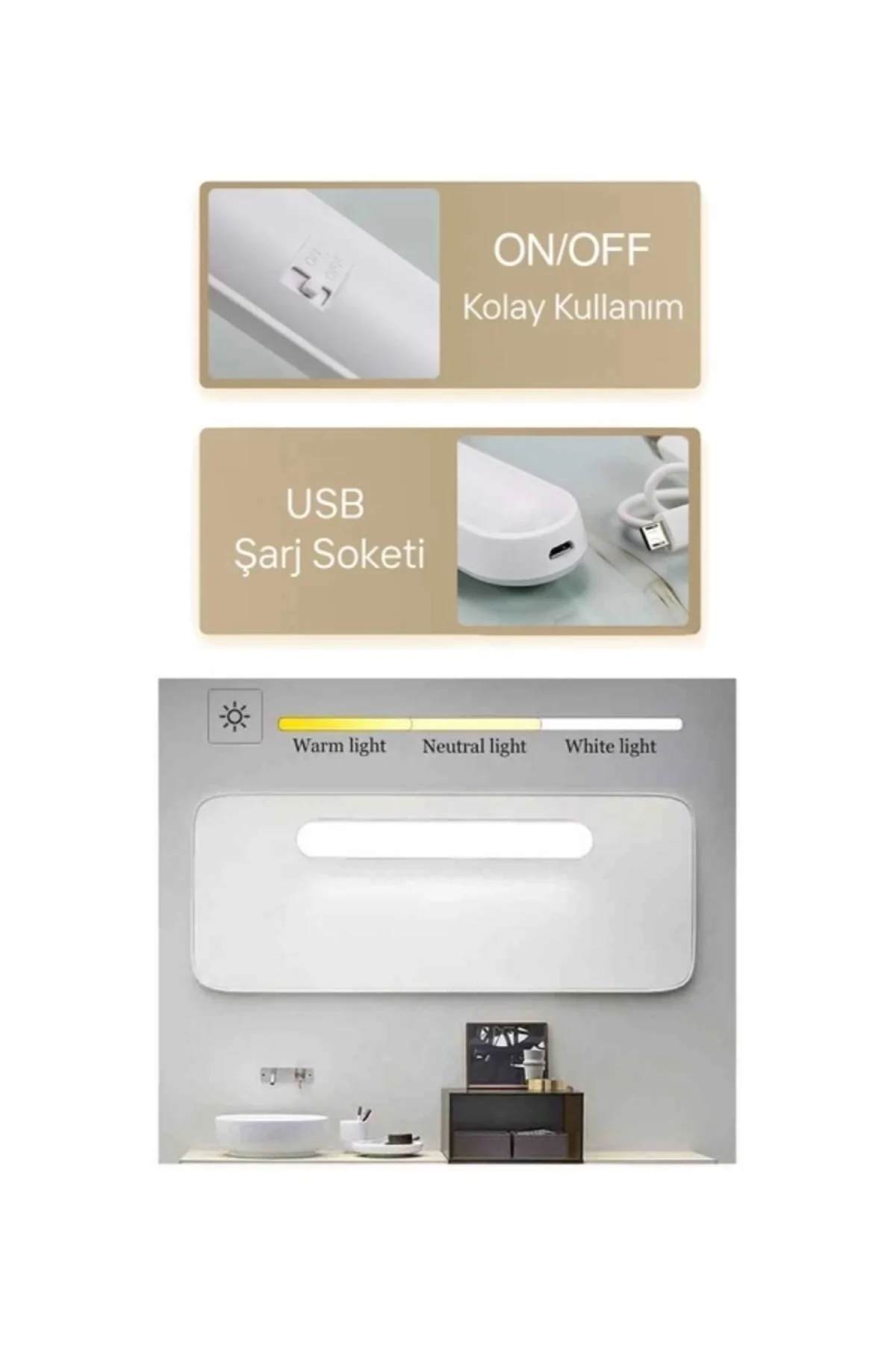 Martı Led Cabinet Light Type-C Şarjlı Aplik BEYAZ 3 Renk Işık Bey