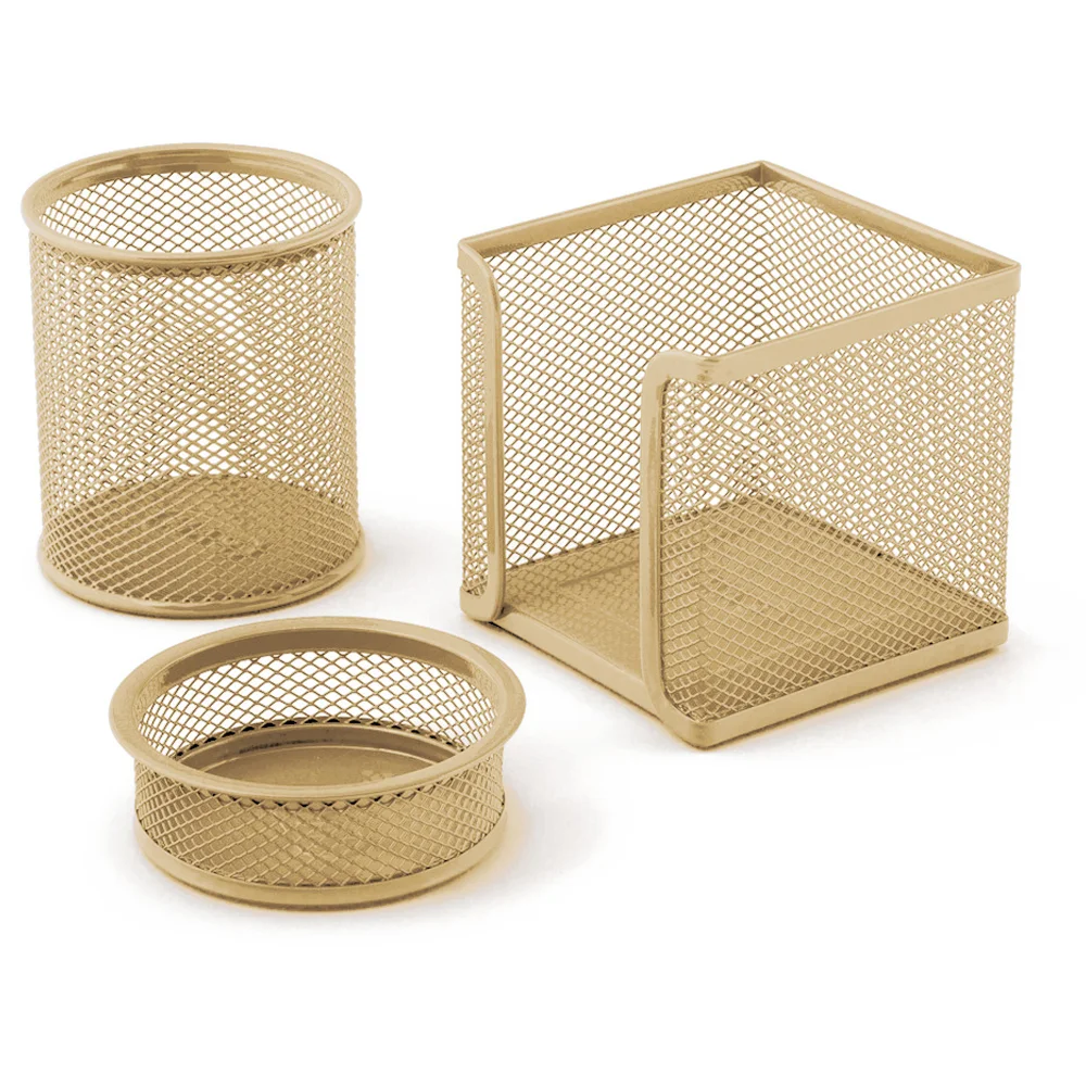 Mas Masa Seti Ataşlık-Kağıtlık-Kalemlik 3 LÜ Metal Perforeli Gold