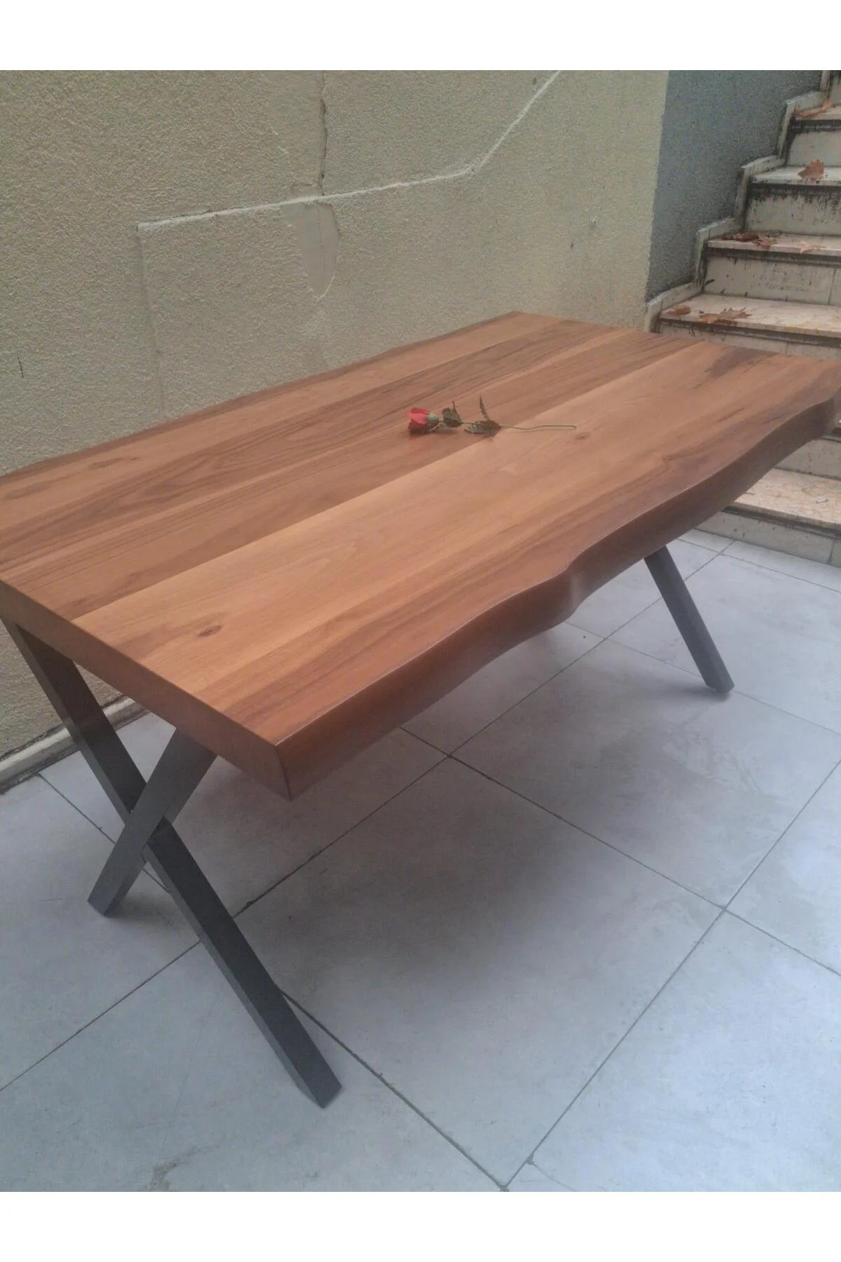 Masa 18049 Kütük desen Model Ceviz Kaplama ceviz renk tabla Metal X Ayak El yapım - Görsel 6