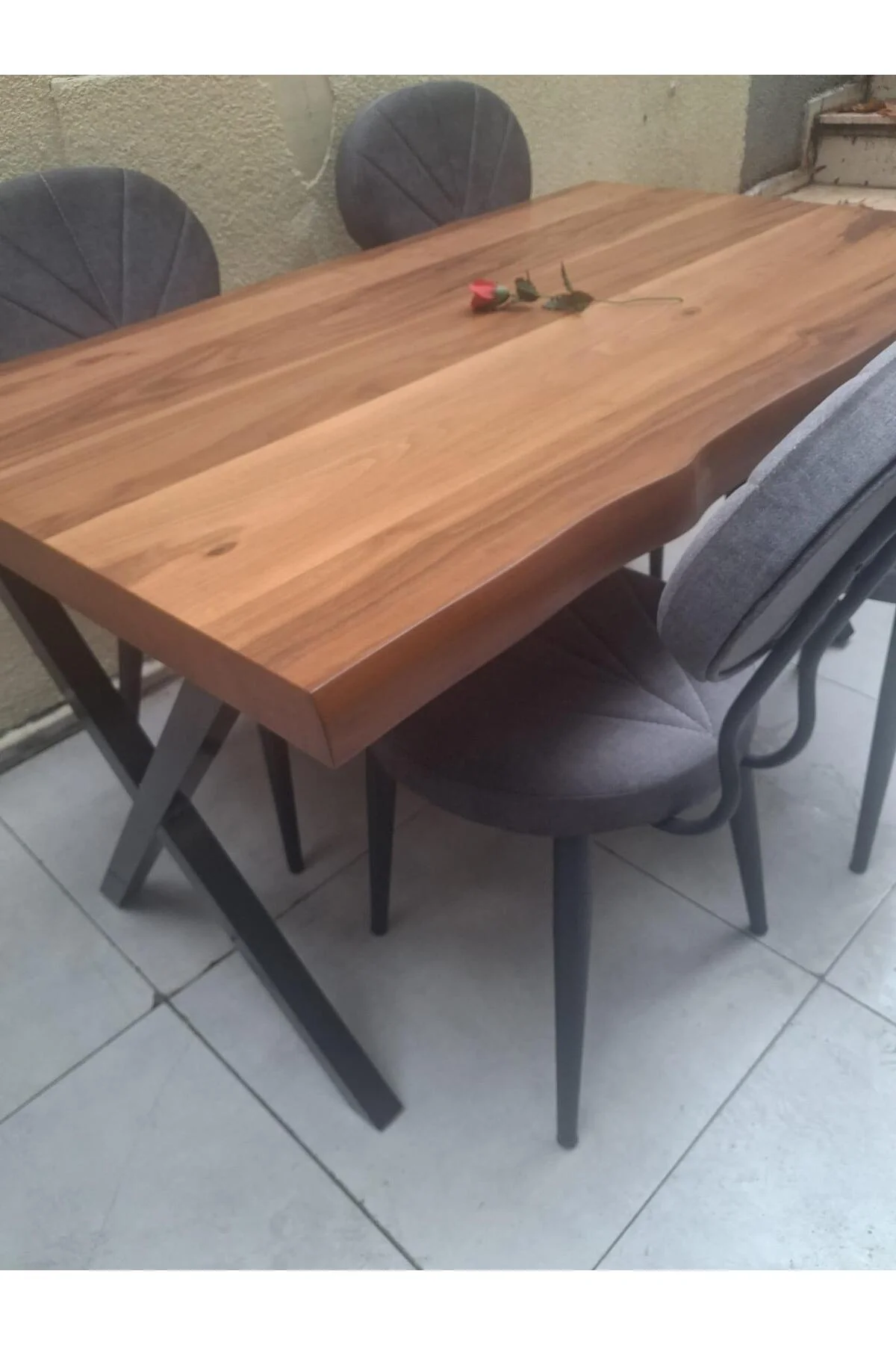 Masa 90551 Kütük Desen Model Ceviz Kaplama Metal X Ayak 4 Adet Sandalye Takım - Görsel 2