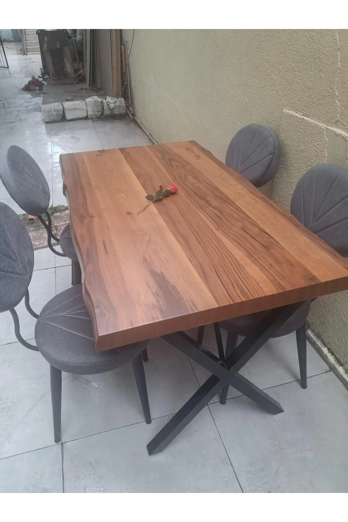 Masa 90551 Kütük Desen Model Ceviz Kaplama Metal X Ayak 4 Adet Sandalye Takım - Görsel 3