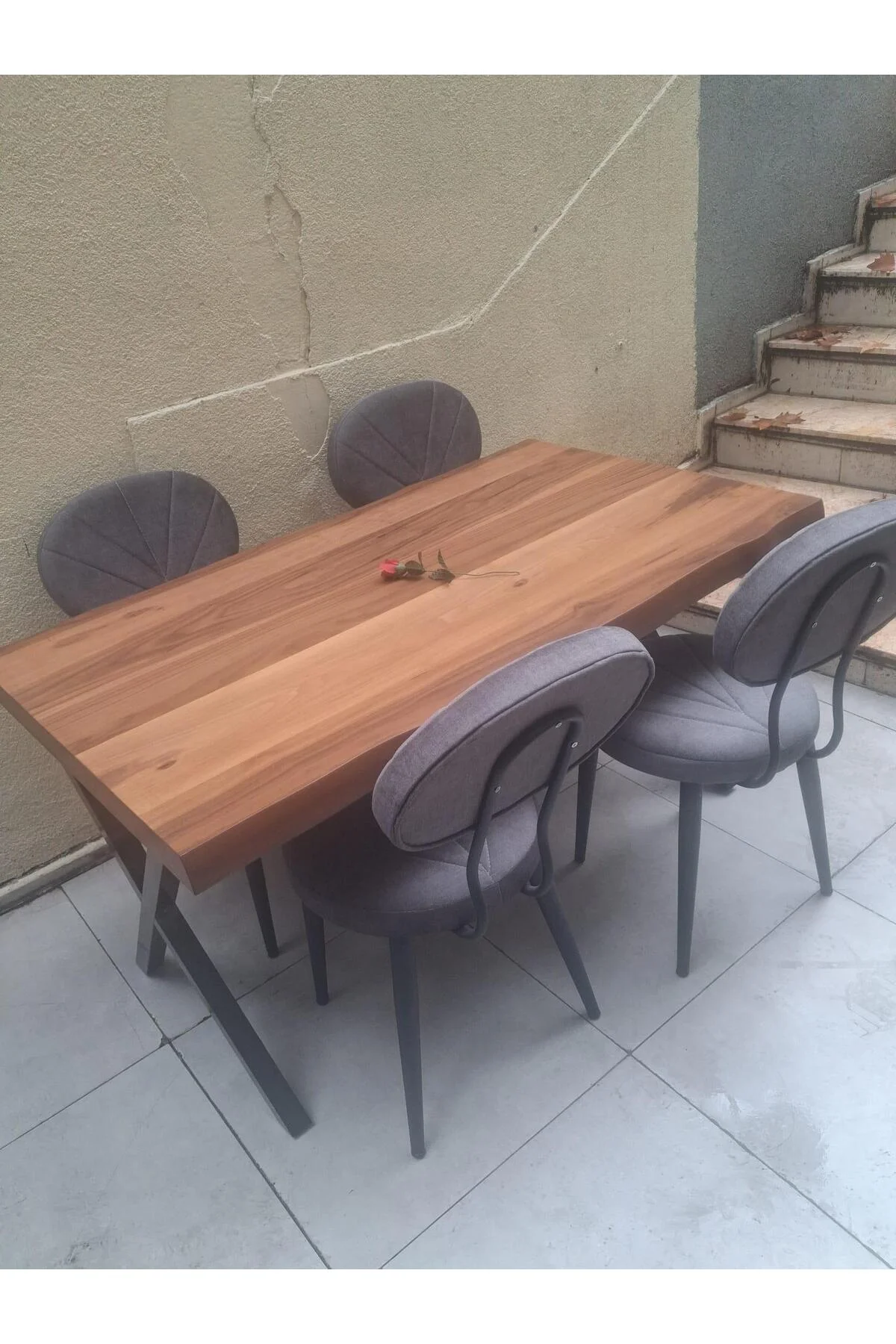 Masa 90551 Kütük Desen Model Ceviz Kaplama Metal X Ayak 4 Adet Sandalye Takım - Görsel 6