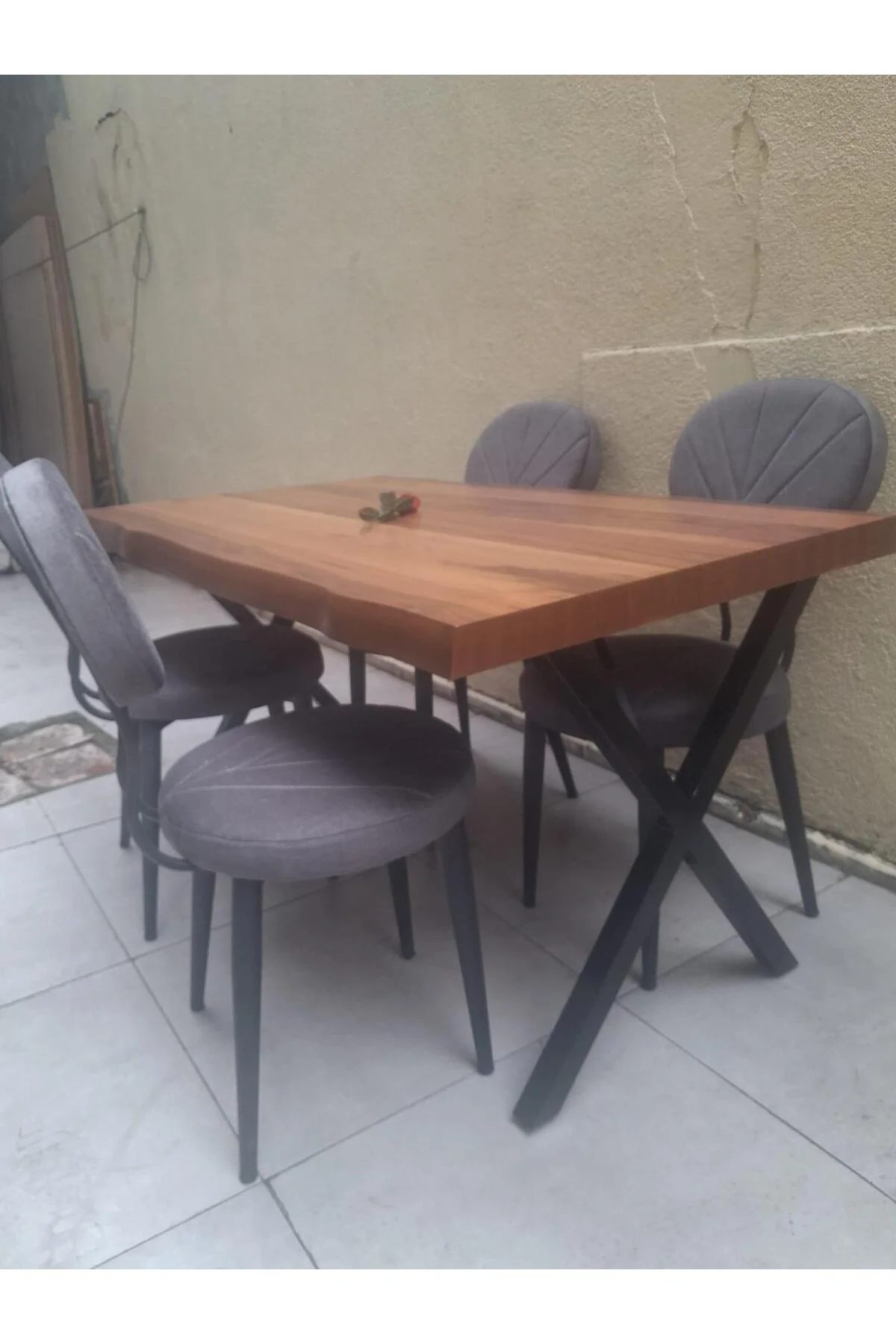 Masa 90551 Kütük Desen Model Ceviz Kaplama Metal X Ayak 4 Adet Sandalye Takım - Görsel 8