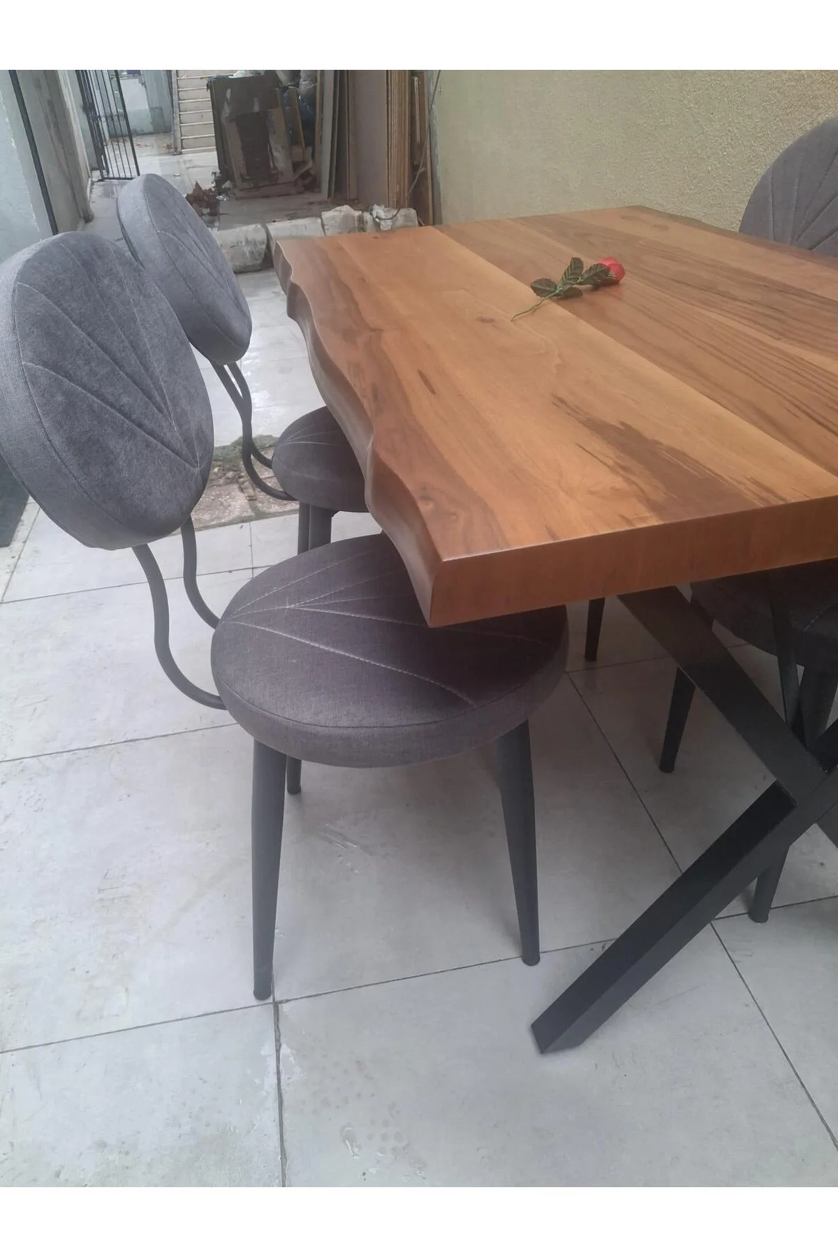 Masa 90551 Kütük Desen Model Ceviz Kaplama Metal X Ayak 4 Adet Sandalye Takım - Görsel 4