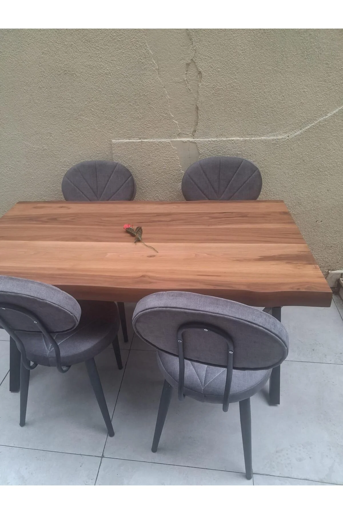 Masa 90551 Kütük Desen Model Ceviz Kaplama Metal X Ayak 4 Adet Sandalye Takım - Görsel 7