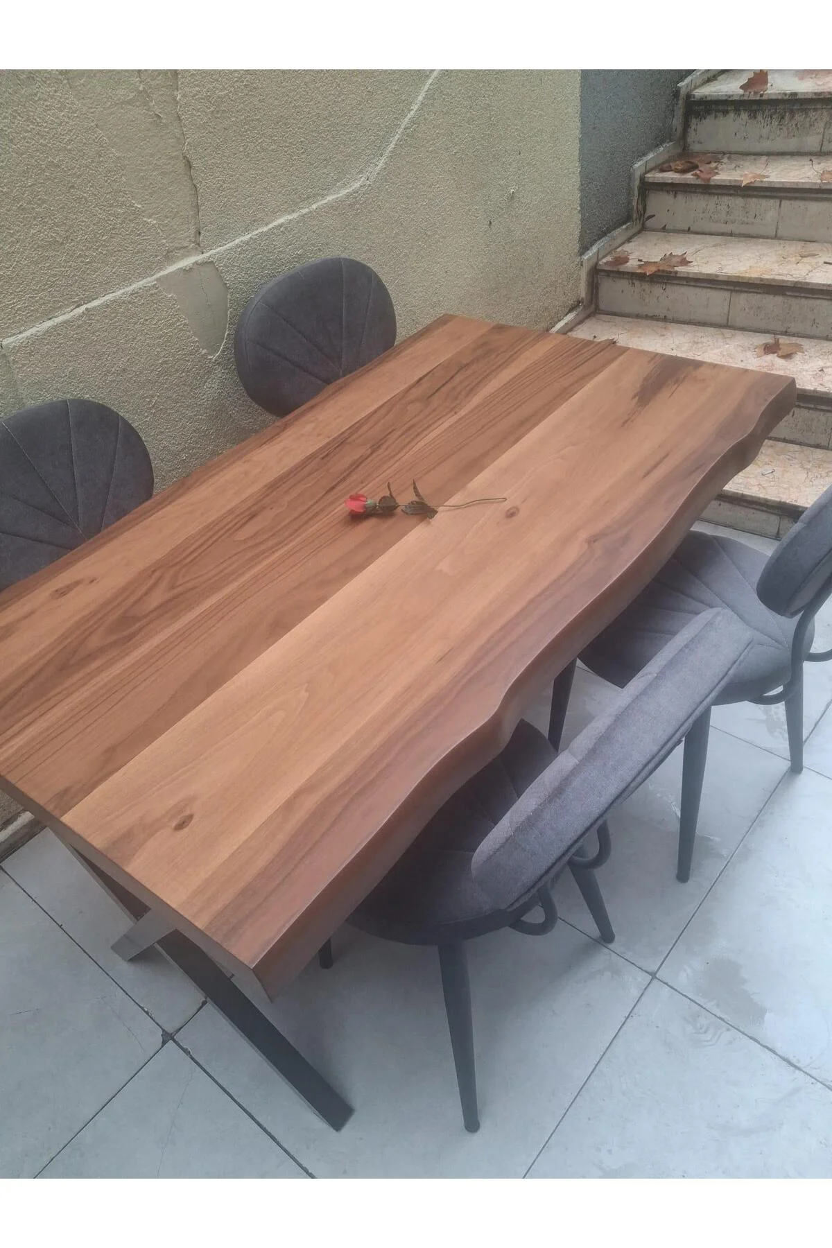 Masa 90551 Kütük Desen Model Ceviz Kaplama Metal X Ayak 4 Adet Sandalye Takım - Görsel 5