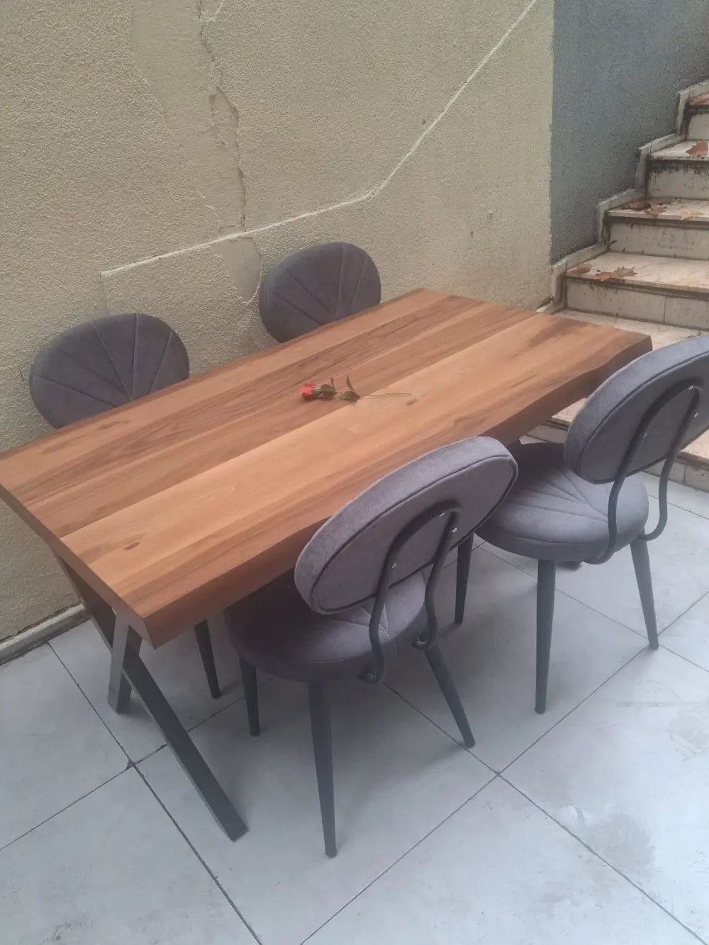 Masa 90551 Kütük Desen Model Ceviz Kaplama  Metal X Ayak 4 Adet S