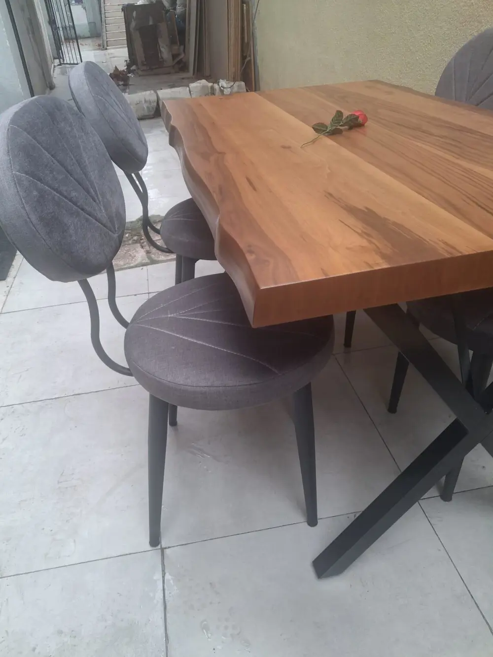 Masa 90551 Kütük Desen Model Ceviz Kaplama  Metal X Ayak 4 Adet S