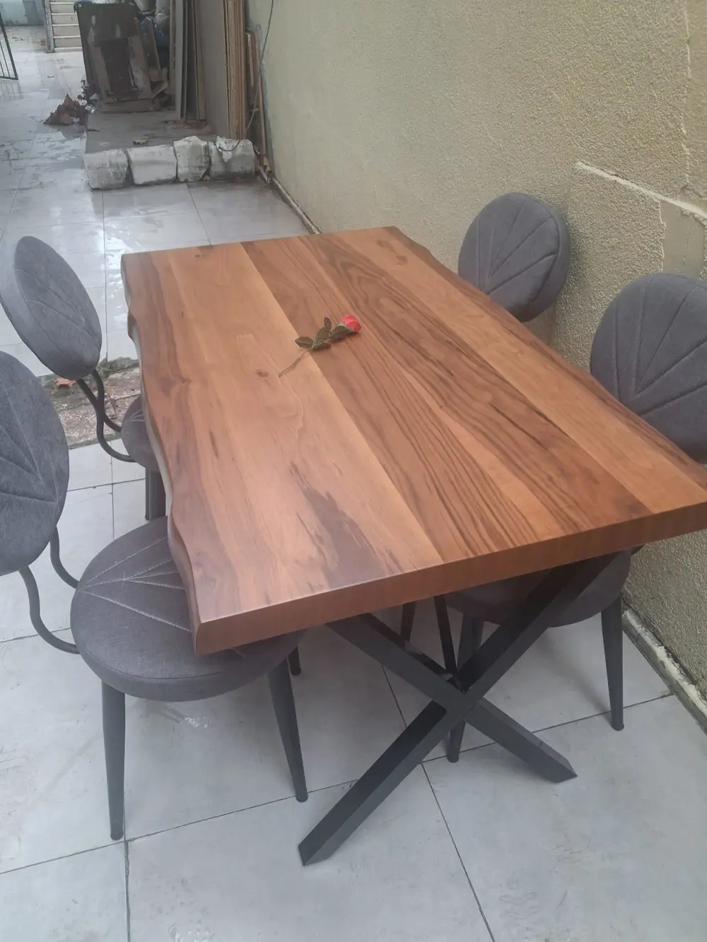 Masa 90551 Kütük Desen Model Ceviz Kaplama  Metal X Ayak 4 Adet S