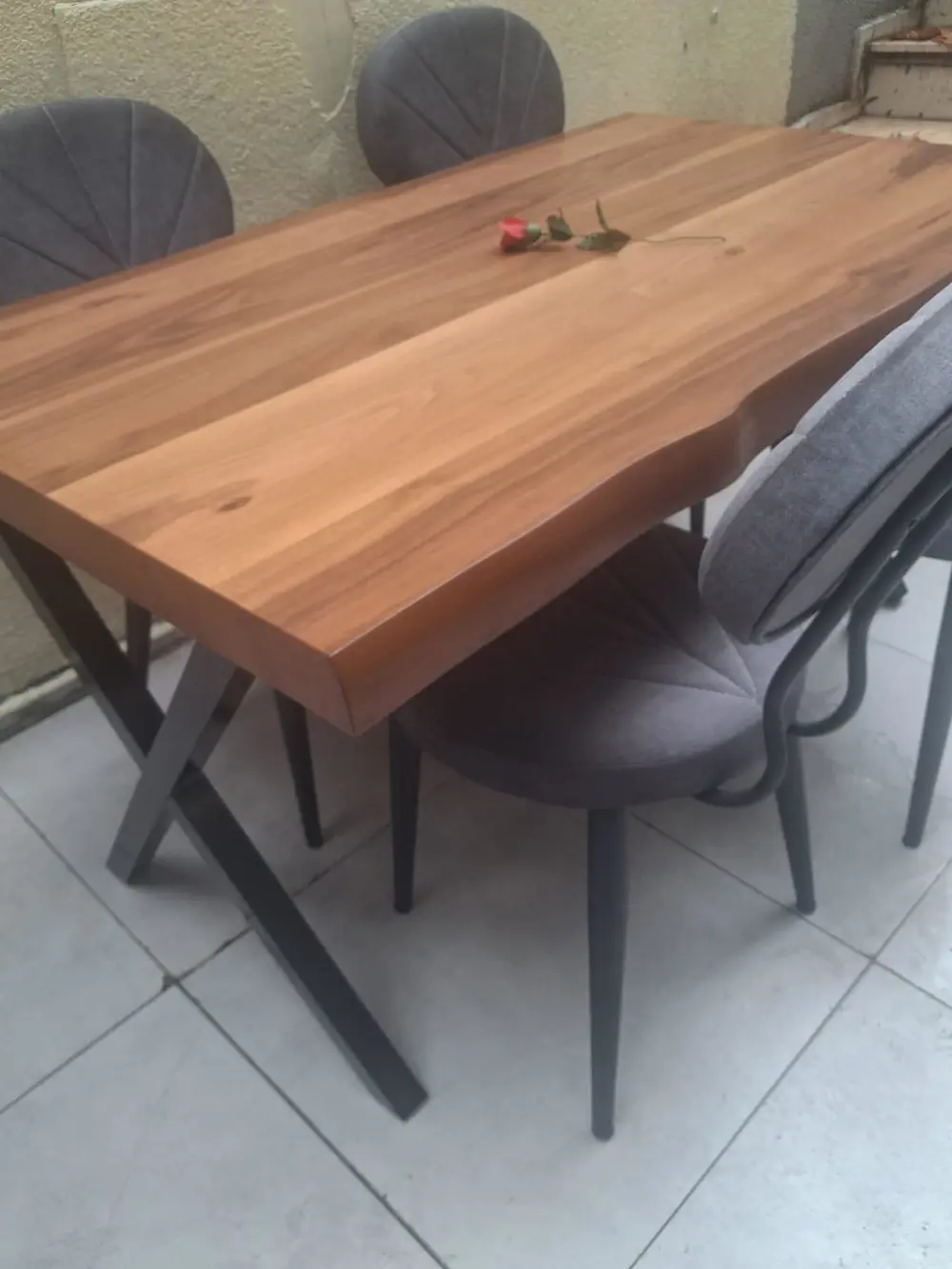 Masa 90551 Kütük Desen Model Ceviz Kaplama  Metal X Ayak 4 Adet S
