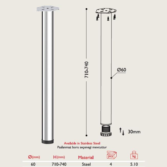 Gürçay Hirdavat Masa Ayaği - 60Mm Krom 71Cm 4 Adet