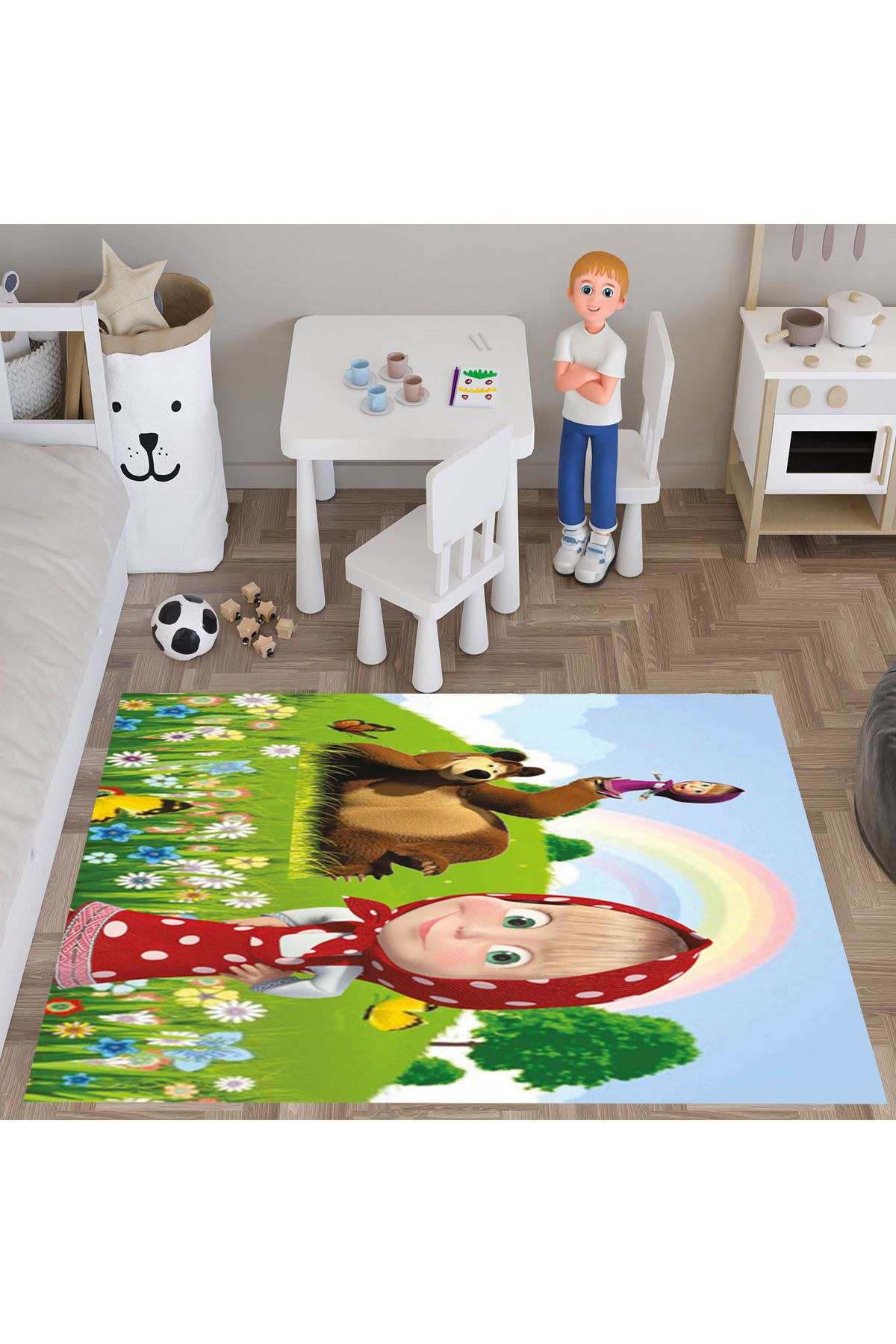 Evan Home Maşa Desenli Çocuk Odası Takım Perde (İki Kanat),Yatak Örtüsü,Yastık,Kırlent ,Halı,