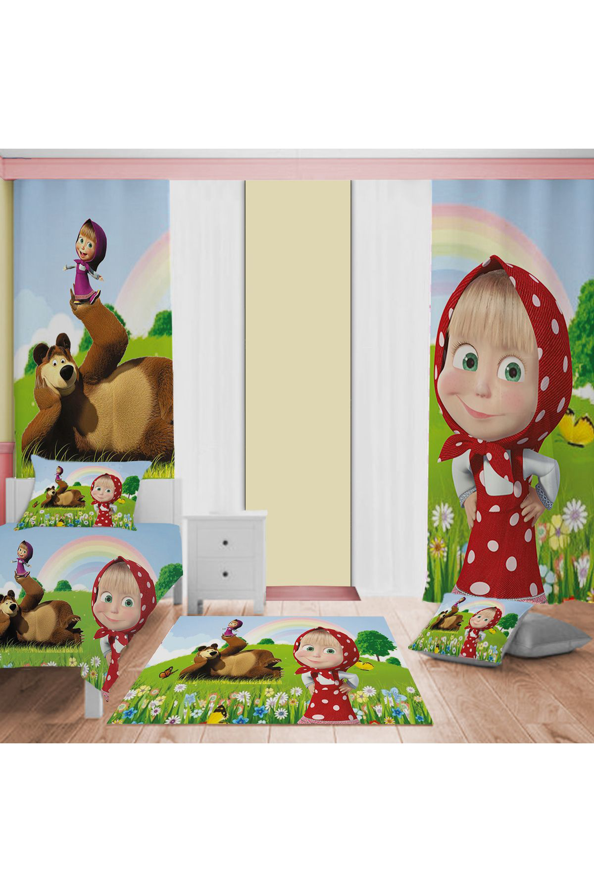 Evan Home Maşa Desenli Çocuk Odası Takım Perde (İki Kanat),Yatak Örtüsü,Yastık,Kırlent ,Halı,