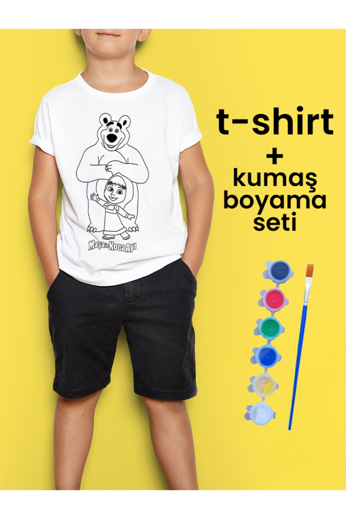 Maşa İle Koca Ayı Tişört Boyama Seti – Çocuk Full Set Fırçalı, Kr